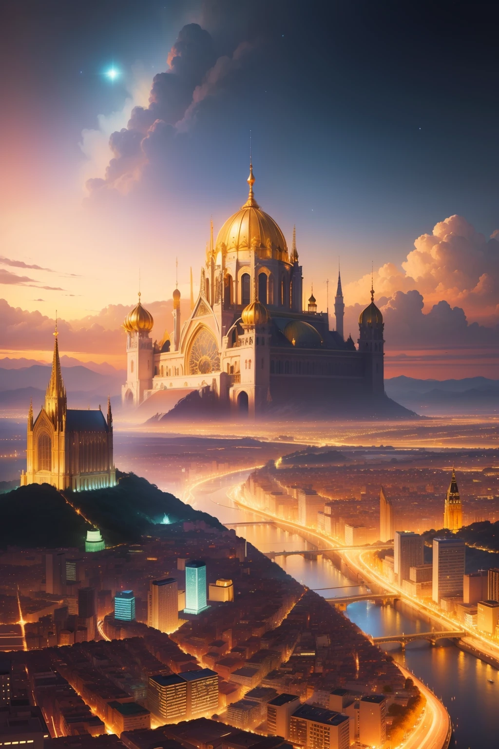 Imagine a heavenly city with the brightness of God's glory, where the streets are made of gleaming gold and the buildings are bathed in a divine light. Pinte uma paisagem celestial que transmita paz, beauty and a sense of spiritual fullness. Explore vibrant, intense colors to represent the luminosity and splendor of divine glory. Let your creativity flow as you portray this resplendent heavenly city with divine presence in every detail.”