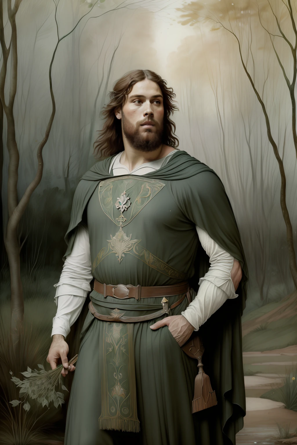 fonte de cura com juncos, floresta encantada. (((Pre-Raphaelite painting velho homem druida de branco, de barba branca, recolhe ervas em seu manto no bosque, paisagem celta)))