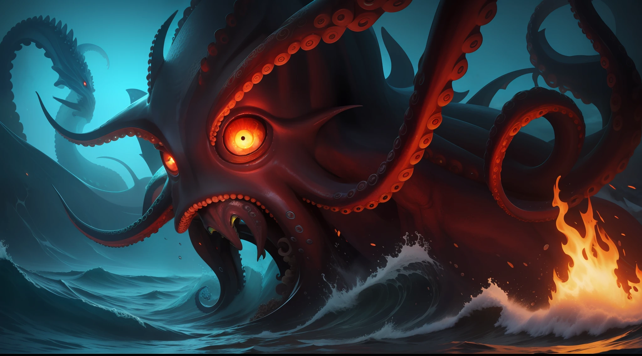 sea demon, tentackles, octopus, burning eyes