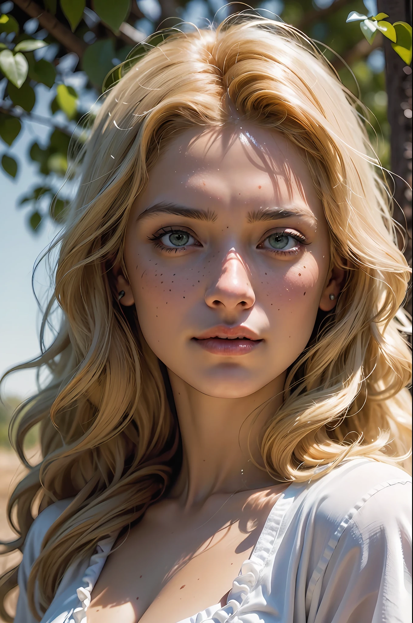 deep shadow, sinister, award winning photo, best quality, masterpiece, woman, freckled face, windblown blonde hair, emerald eyes, by Antonio J. Manzanedo, by lee jeffries nikon d850 film stock photograph 4 kodak portra 400 camera f1.6 lens rich colors hyper realistic lifelike texture dramatic lighting unreal engine trending on artstation cinestill 800, volumetric lighting, particles, god rays, 1girl, beautiful girl, long white hair, long straight hair, middle parted hair, white shirt, ruffled white shirt, white deep neck shirt, princess, warrior, outside, forest, simple shirt, intense gaze, scowling, pale, white, light on skin, light illuminating skin, (highly detailed face:1), (extreme detailed eyes:1), (face focus:1.2), incredible sexy smile