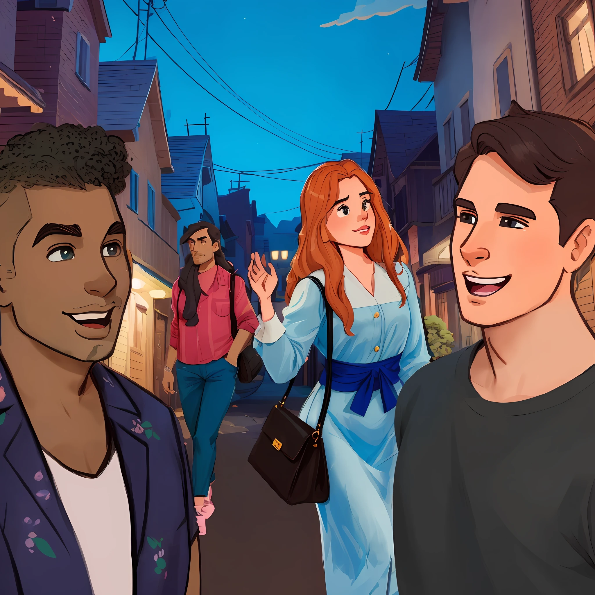 a man and a woman walking down a street at night, Cartoon style illustration, official illustration, arte dos desenhos animados, rosto detalhado
