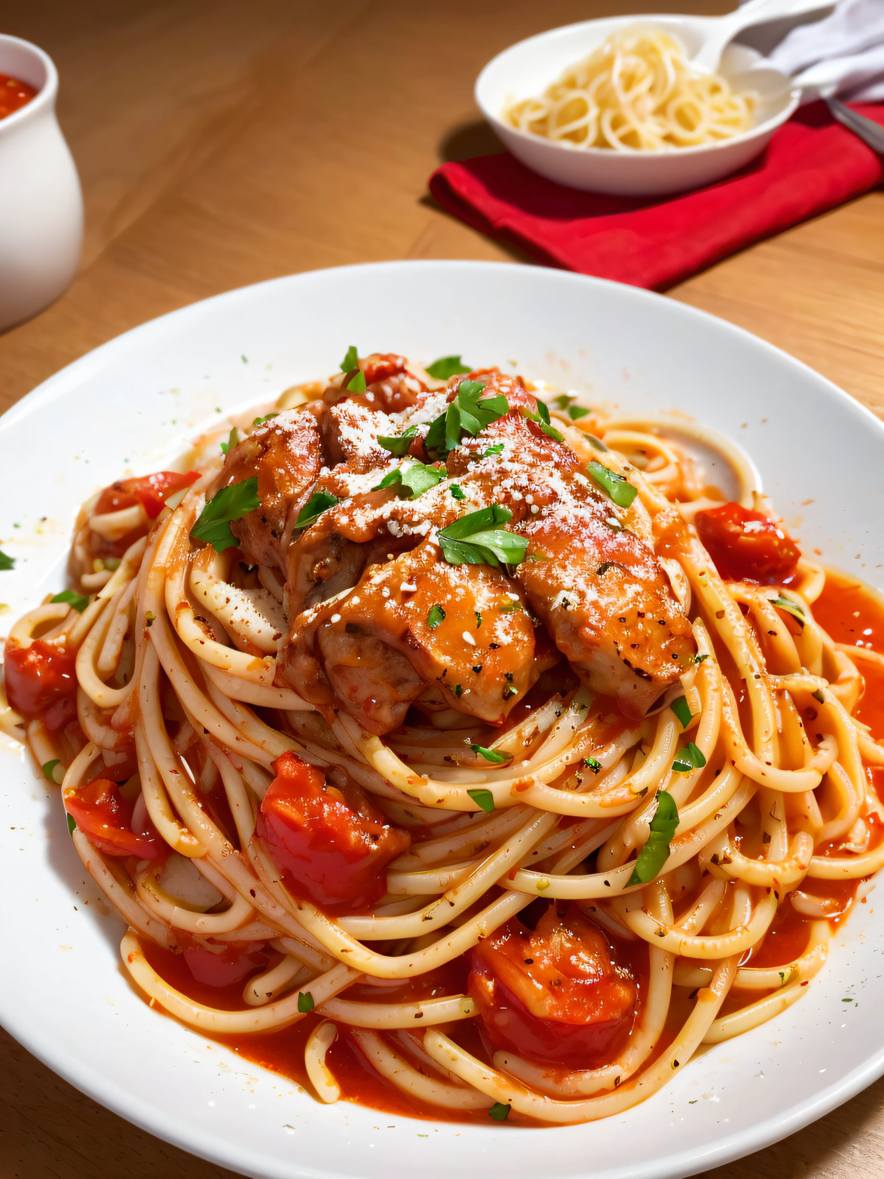 a closeup of a pasta with red sauce on a plate,juicy noodles, high quality food photography, noodles, easy, (ultra realistic, realistic and coherent, mixed art, professional food photography, ready to eat, an ultra realistic, looks realistic, a hyper realistic, very very realistic, incredibly realistic, noodles, 4k food commercial, very realistic