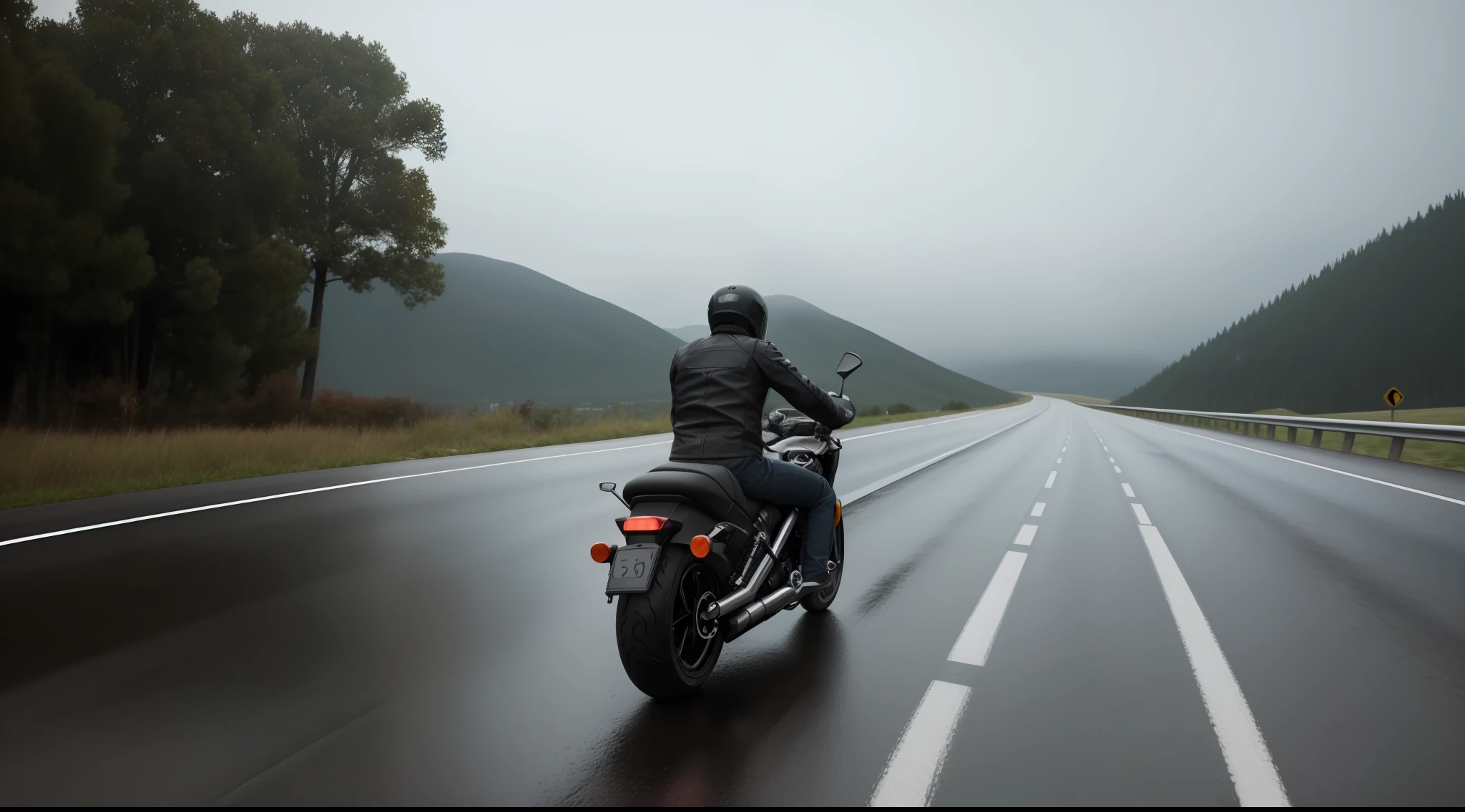 A lone person riding a motorcycle on the road, rain. The scene is ultra-realistic, in 4K resolution.