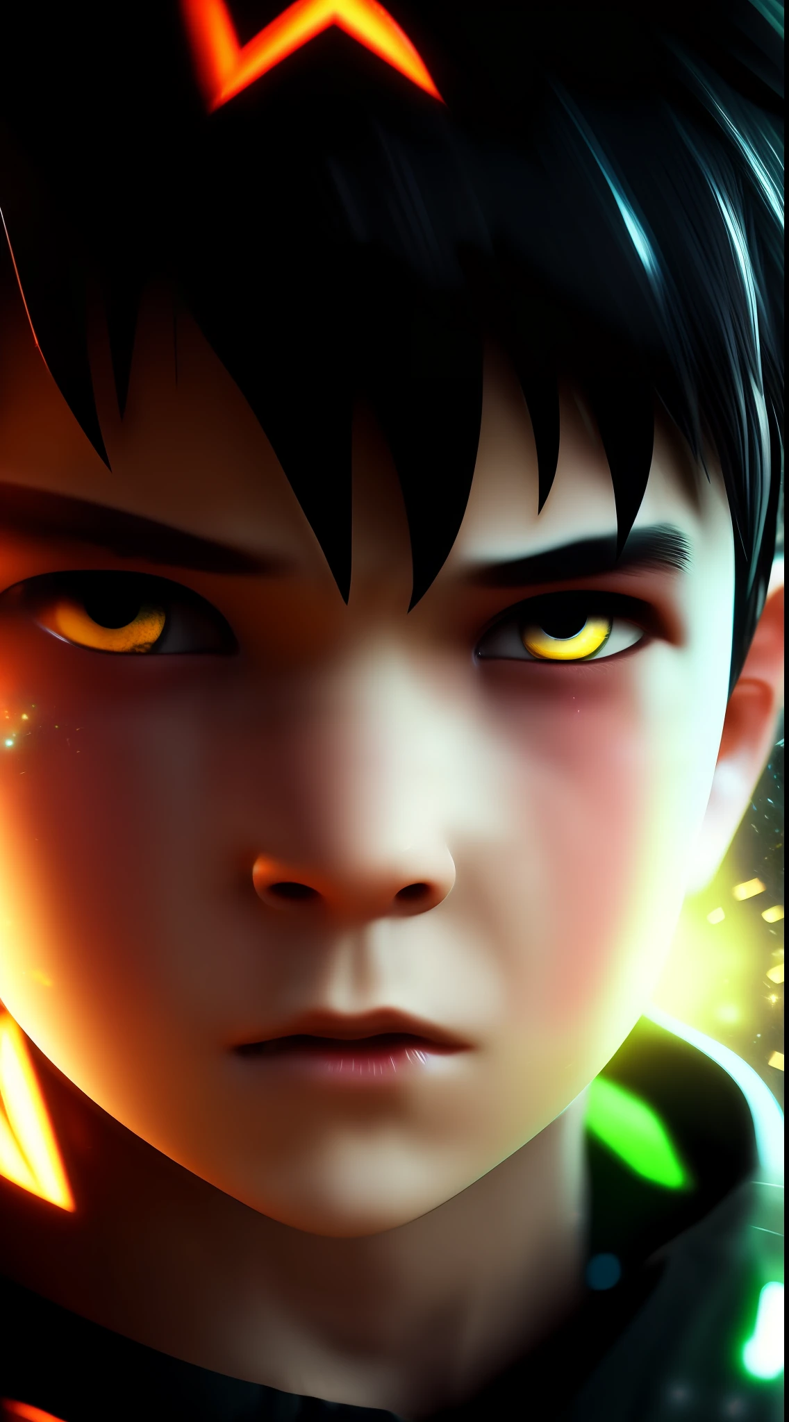 1boy , angry , close up shot , light relflection in his eyes , glowing particles