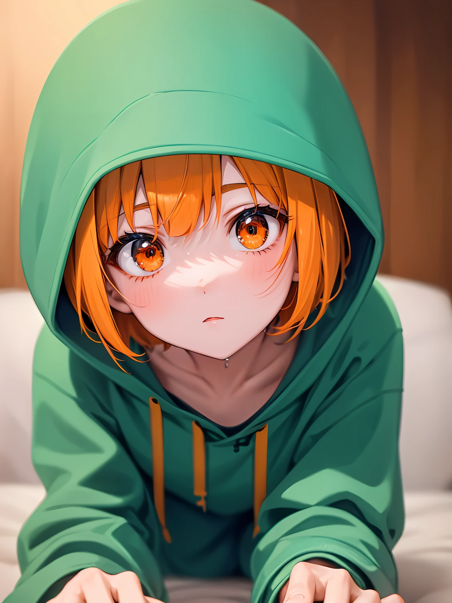 best quality, 1girl in an oversized hoodie, looking at the viewer, on all fours, close up, close shot, short hair, curious, green, orange, light blue