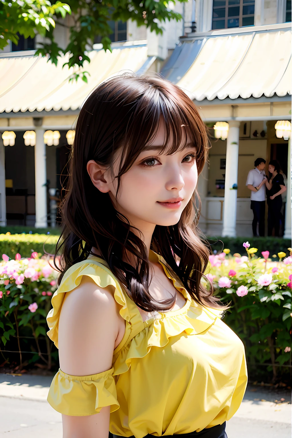 best quality, 2girls, (skindentation), (Bigchest), (day), bright, blur background, outdoor, (street:0.6), (people, crowds:1), (wavy hair:1.5), (blouse:1.5 ), opulent, (Fluttering:1.5), (Dynamic pose:0.8), softlighting, ventania, trpical garden,