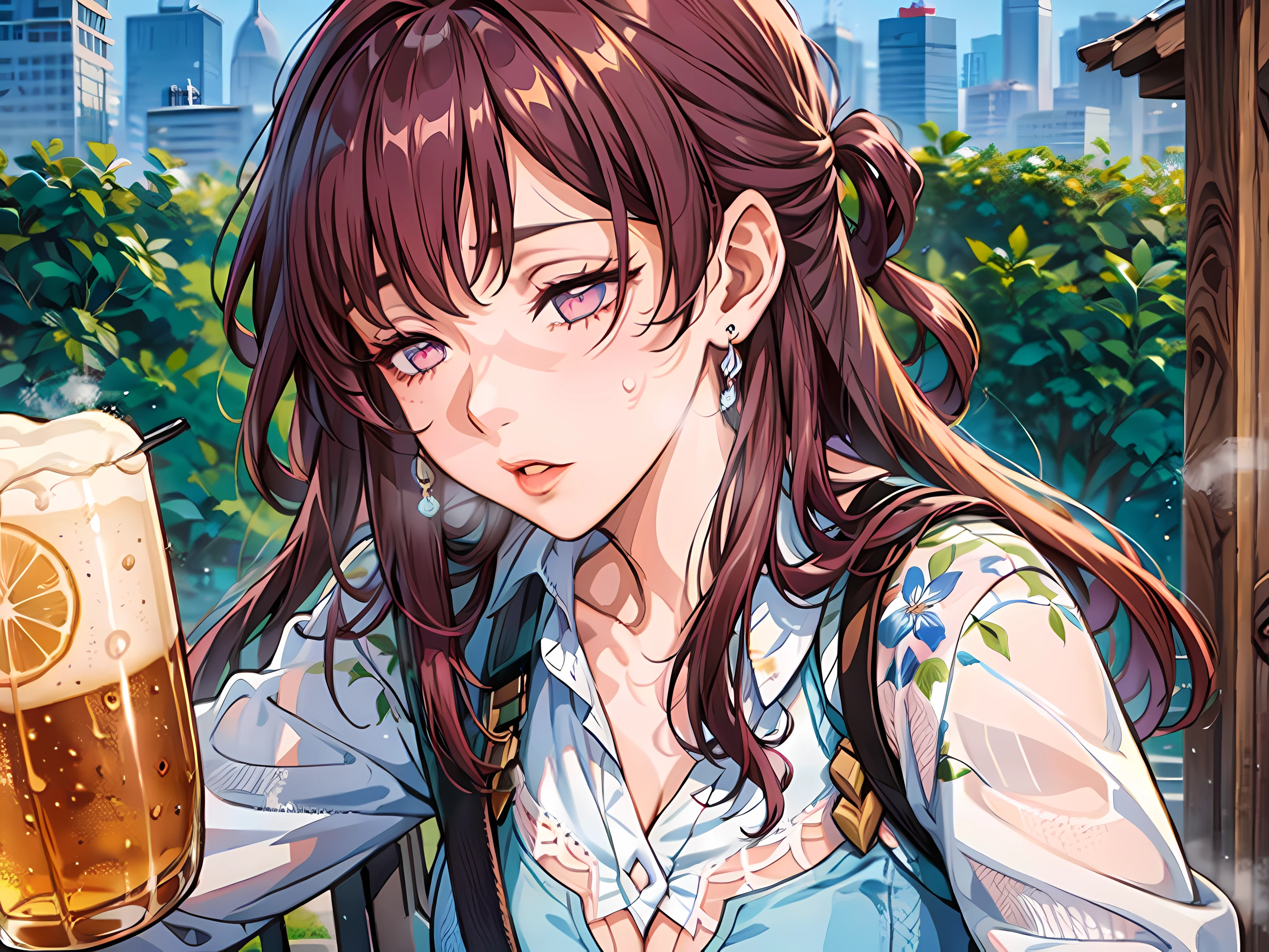 best quality, ((masterpiece)), (realistic), a woman, beer garden, drinking beer deliciously, hot and sweaty, holds it next to her face, close eyes, 1girl, sour face, shirt, food, solo, open shirt, lace shirt, floral shirt, colorful skirt, mini skirt, beer
