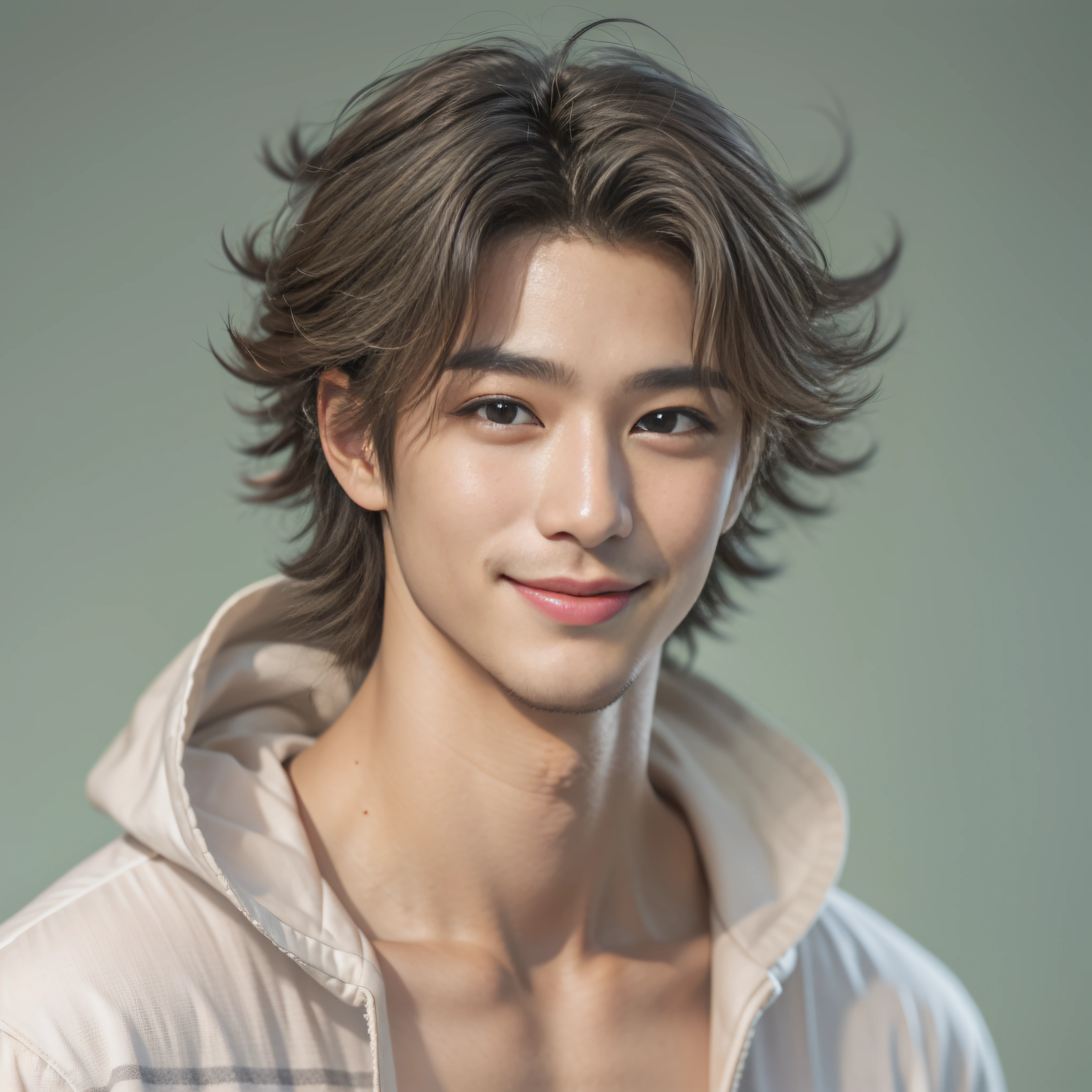 1 man in his 30s、s Pajamas、A smile、Medium Hair、Wave hair、、Super cool、twinks、Nice perfect face with soft skin、、8K分辨率、A hyper-realistic、ultra-detailliert、hightquality、