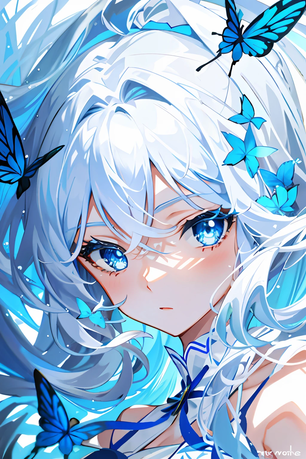 tmasterpiece，Need，illustration，blue color eyes，long  white hair，Blue swimsuit，Swim at the bottom of the sea，Delicate facial depiction and eyes，Flying blue butterflies，