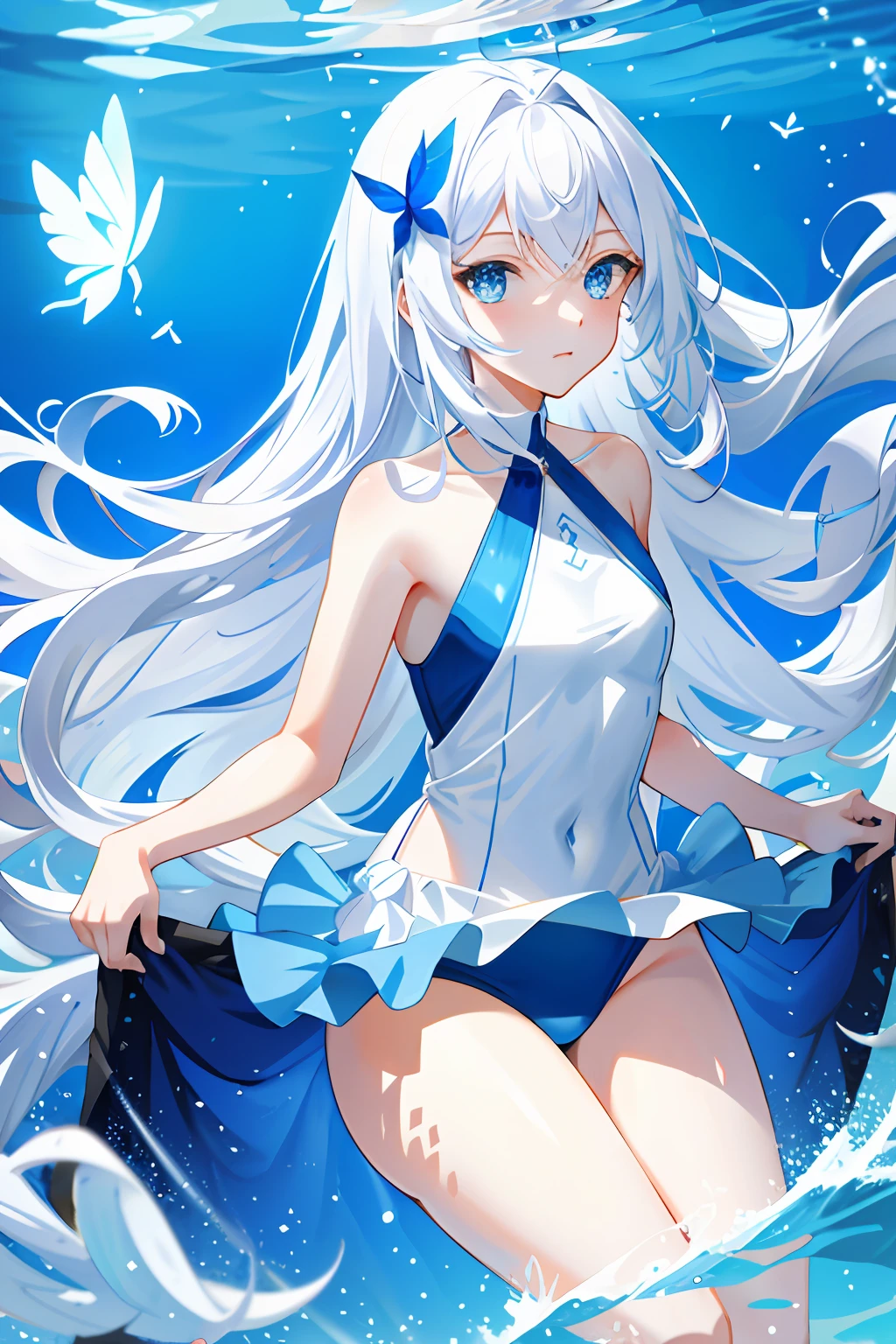 tmasterpiece,Need,illustration,blue color eyes,long white hair,Blue swimsuit,Swim at the bottom of the sea,Delicate facial depiction and eyes,Flying blue butterflies,