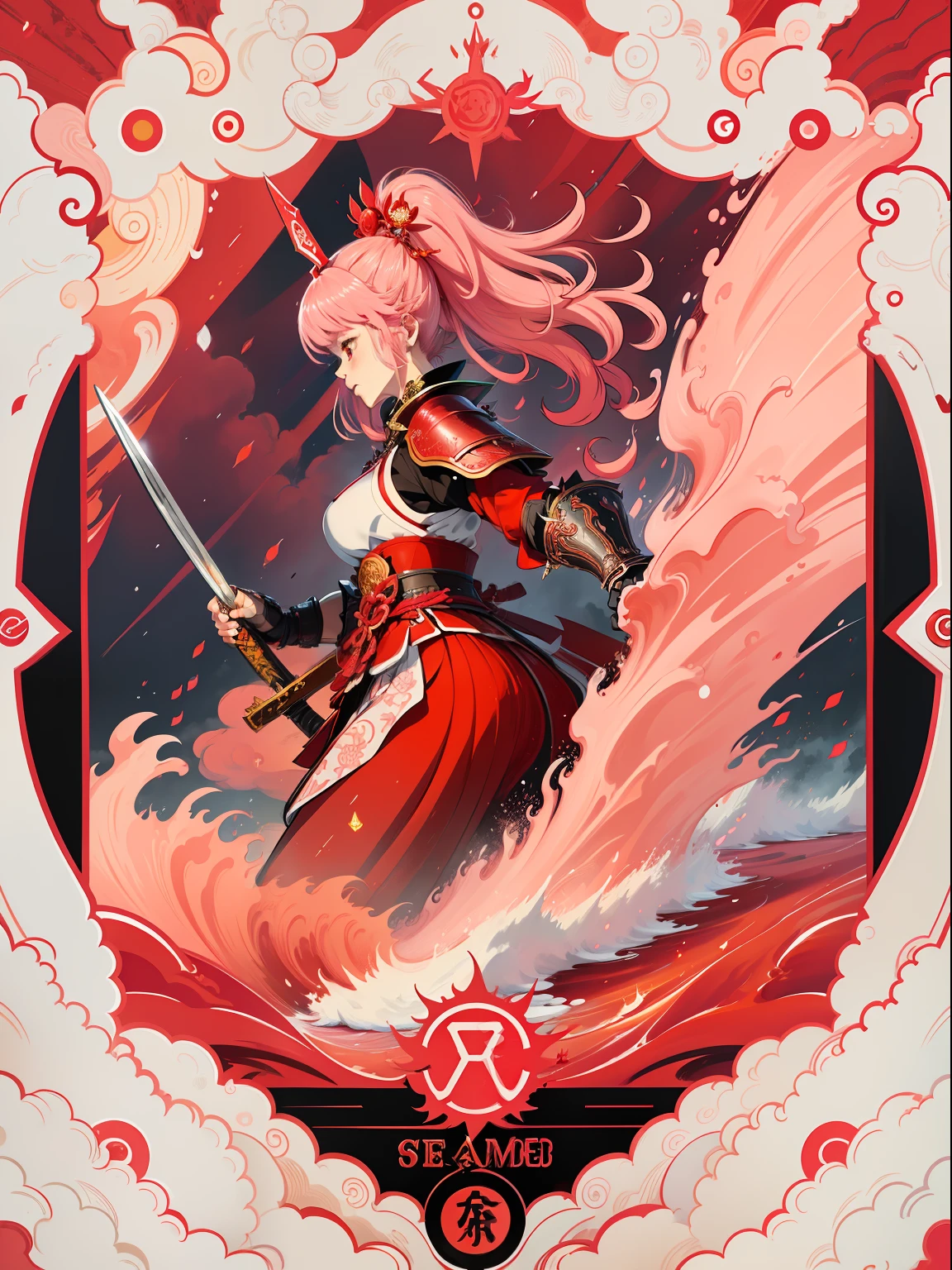 A fierce samurai maiden wields a glittering pink katana and exaggerated perspective fights an ancient pink cyclone in a magical mist bamboo forest, Streamers and leaves flew around her, Dynamic action styling, Flowing pink and pink fabrics, neonlight, intricate armor details, A tall temple in red on the ocean, Red carp swim around the shrine, Their red color is reflected on the clouds above the shrine, The clouds are reddish in color, Surrounding the shrine are fiery red clouds。The sun shines on the horizon of the ocean, rainbowing, Ripples on the surface of the water, splashing droplets, A wonder of Japan