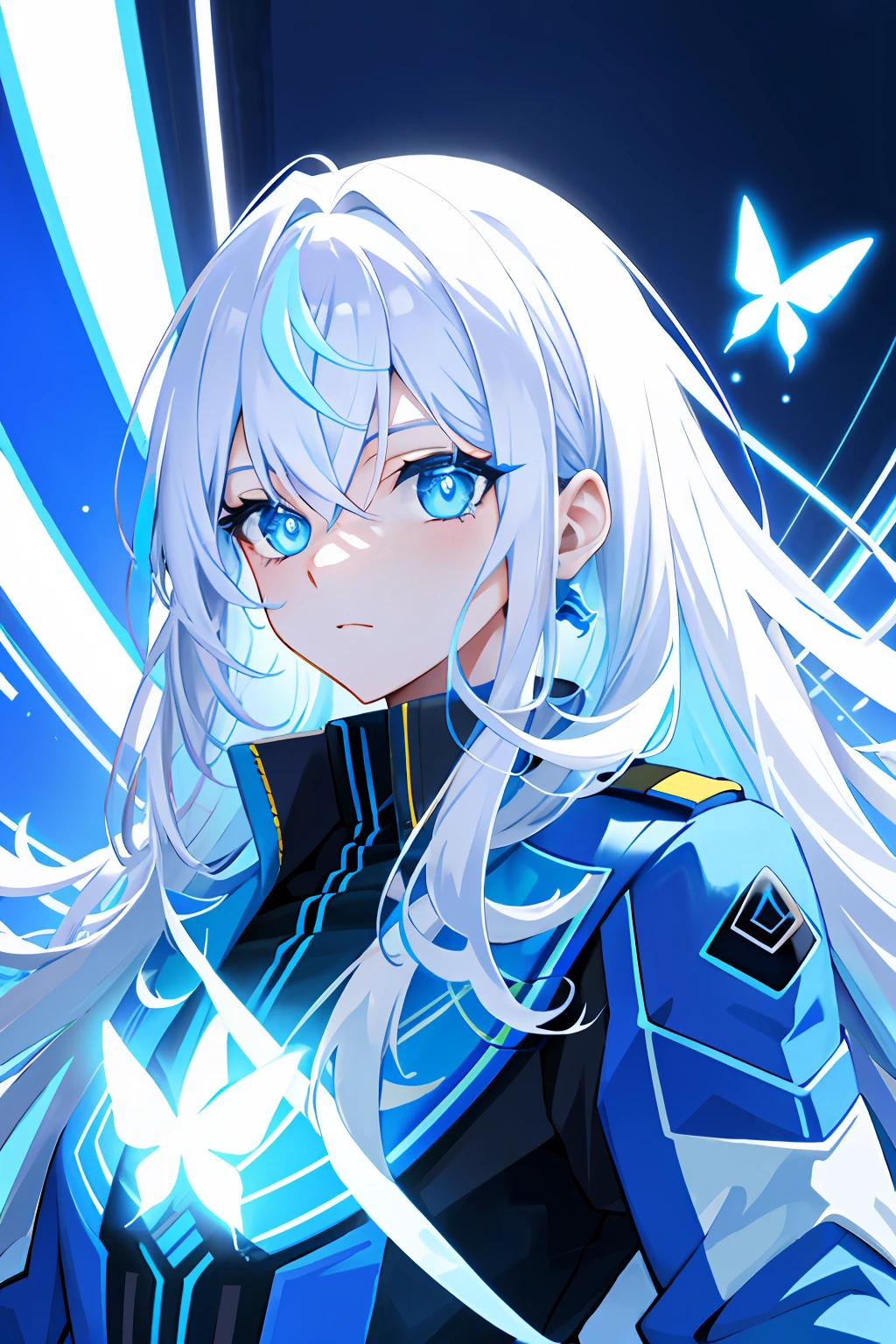 tmasterpiece，Need，illustration，blue color eyes，long  white hair，Blue police uniform，cyber punk perssonage，Neon lights on the street，Delicate facial depiction and eyes，Flying blue butterflies，
