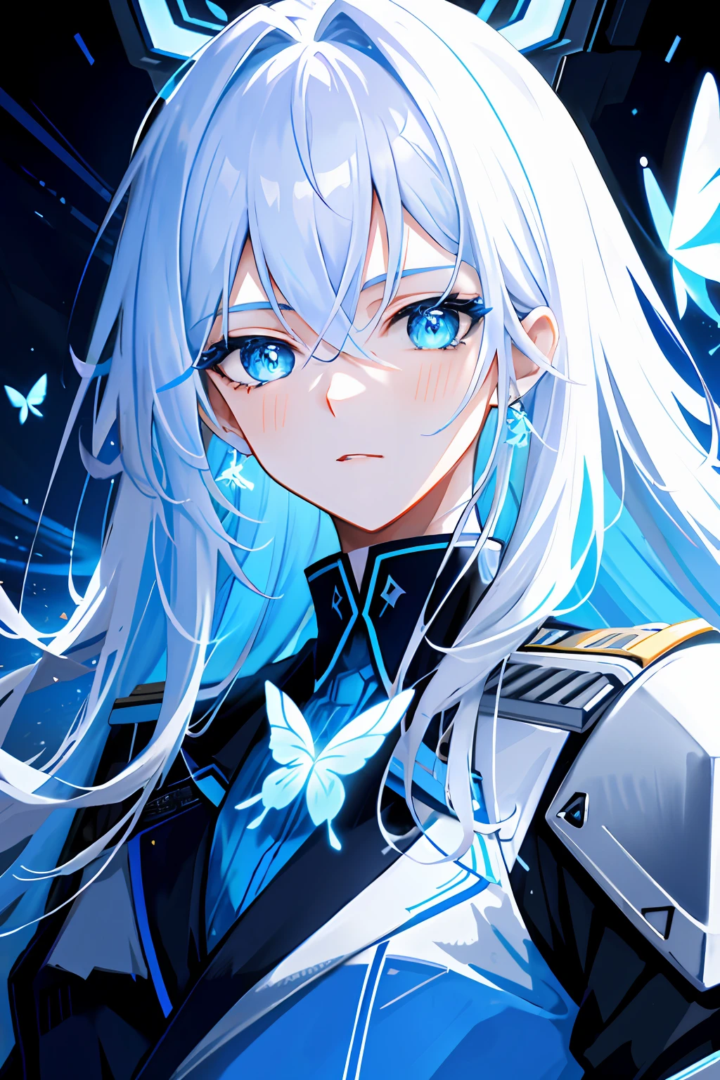 tmasterpiece,Need,illustration,blue color eyes,long white hair,Blue police uniform,cyber punk perssonage,Neon lights on the street,Delicate facial depiction and eyes,Flying blue butterflies,