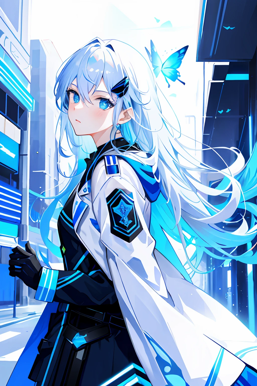 tmasterpiece,Need,illustration,blue color eyes,long white hair,Blue police uniform,cyber punk perssonage,Neon lights on the street,Delicate facial depiction and eyes,Flying blue butterflies,