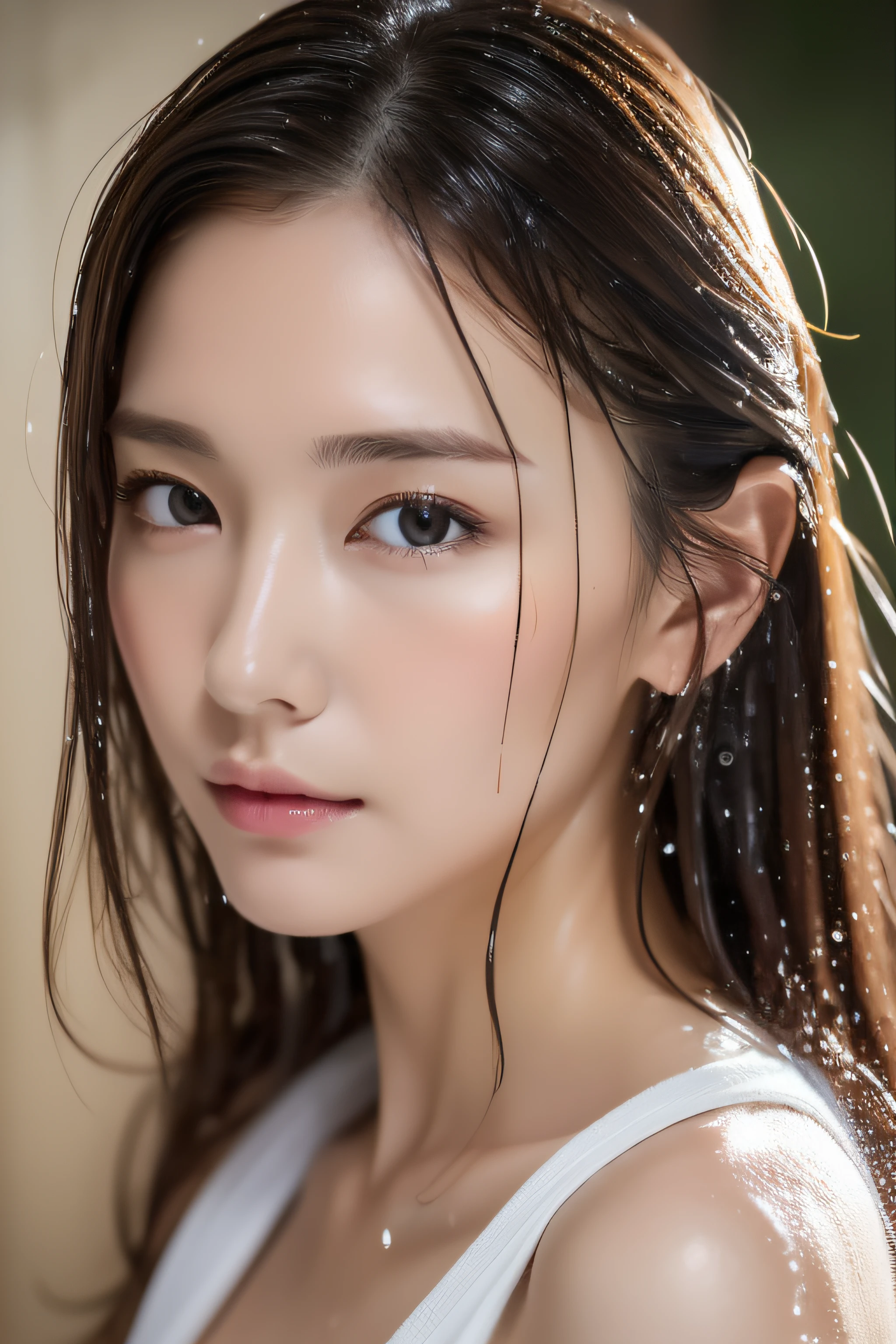 Beautiful handsome woman, ((top quality, 8k, masterpiece:1.3)), pretty woman, 1 woman, huge breasts:1.3, slender figure:1.1, elastic dark brown hair, (shower, wet body, wet clothes:1.1), very detailed face, detailed lips, detailed eyes, double eyelids