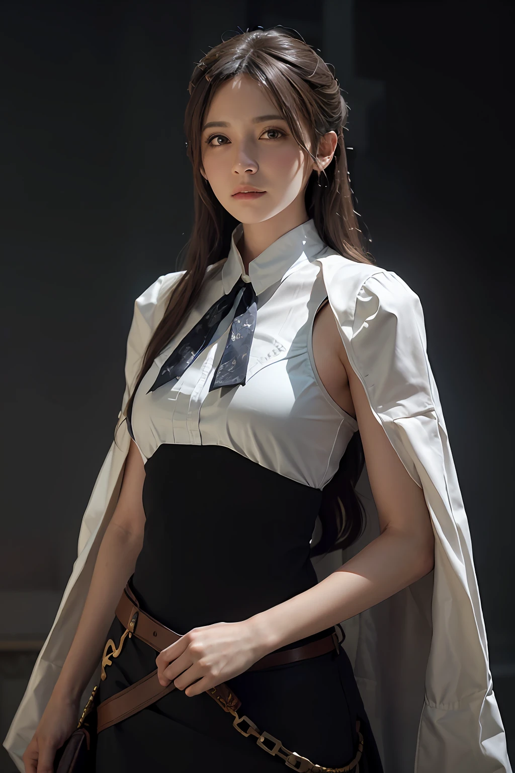 Hyperrealist portrait of female by david hockney and alphonse mucha,fantasy art, photo realistic, dynamic lighting, artstation, poster, volumetric lighting, very detailed faces, 4 k, award winning,, 1girl, in the dark, deep shadow, low key,cowboy shot,(official clothing:1.4) ,long hair,white hair,