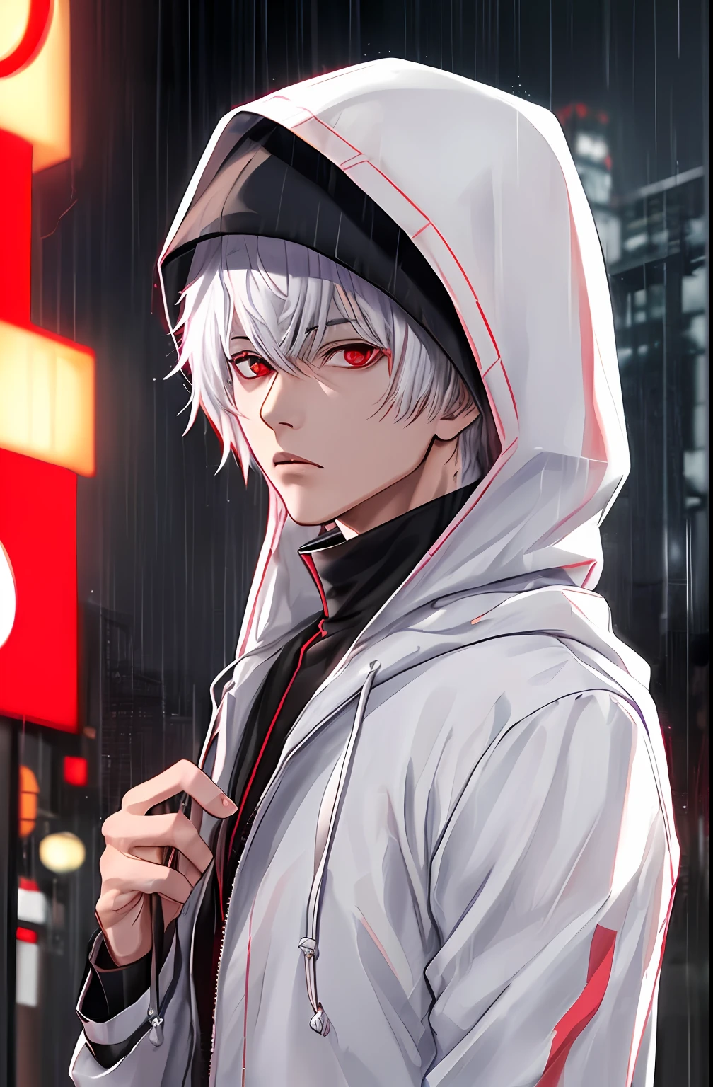 kk, best quality, more details, masterpiece, 1boy, kaneki ken, portrait, male focus, red eyes, solo, bangs, looking at viewer, hood, short hair, rain, tokyo tokyo \(city\), hood up, nail polish, white hair, luxurious, 8k, detailed, ray tracing, depth of field, cinematic lighting,