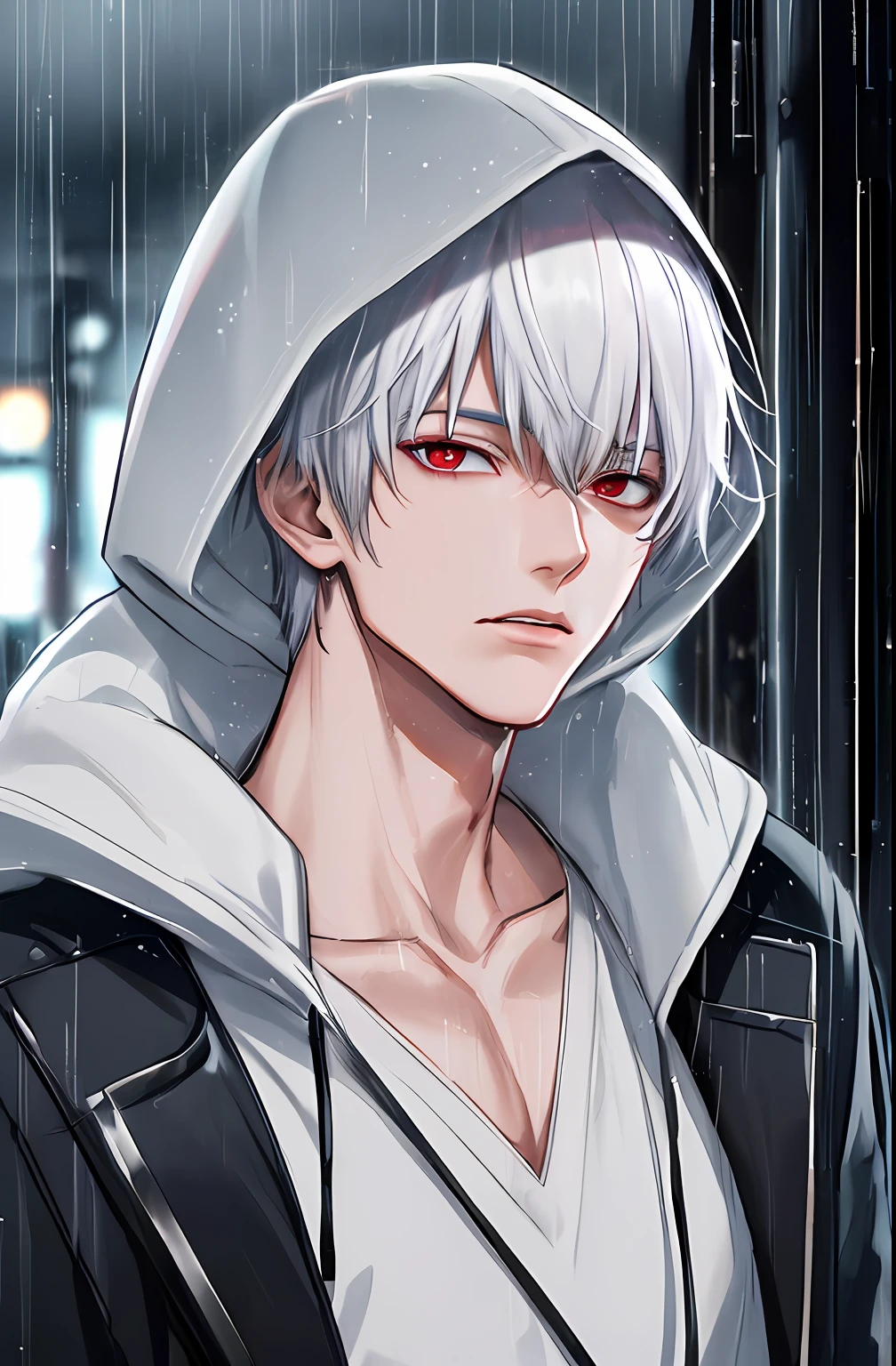 kk, best quality, more details, masterpiece, 1boy, kaneki ken, portrait, male focus, red eyes, solo, bangs, looking at viewer, hood, short hair, rain, tokyo tokyo \(city\), hood up, nail polish, white hair, luxurious, 8k, detailed, ray tracing, depth of field, cinematic lighting,