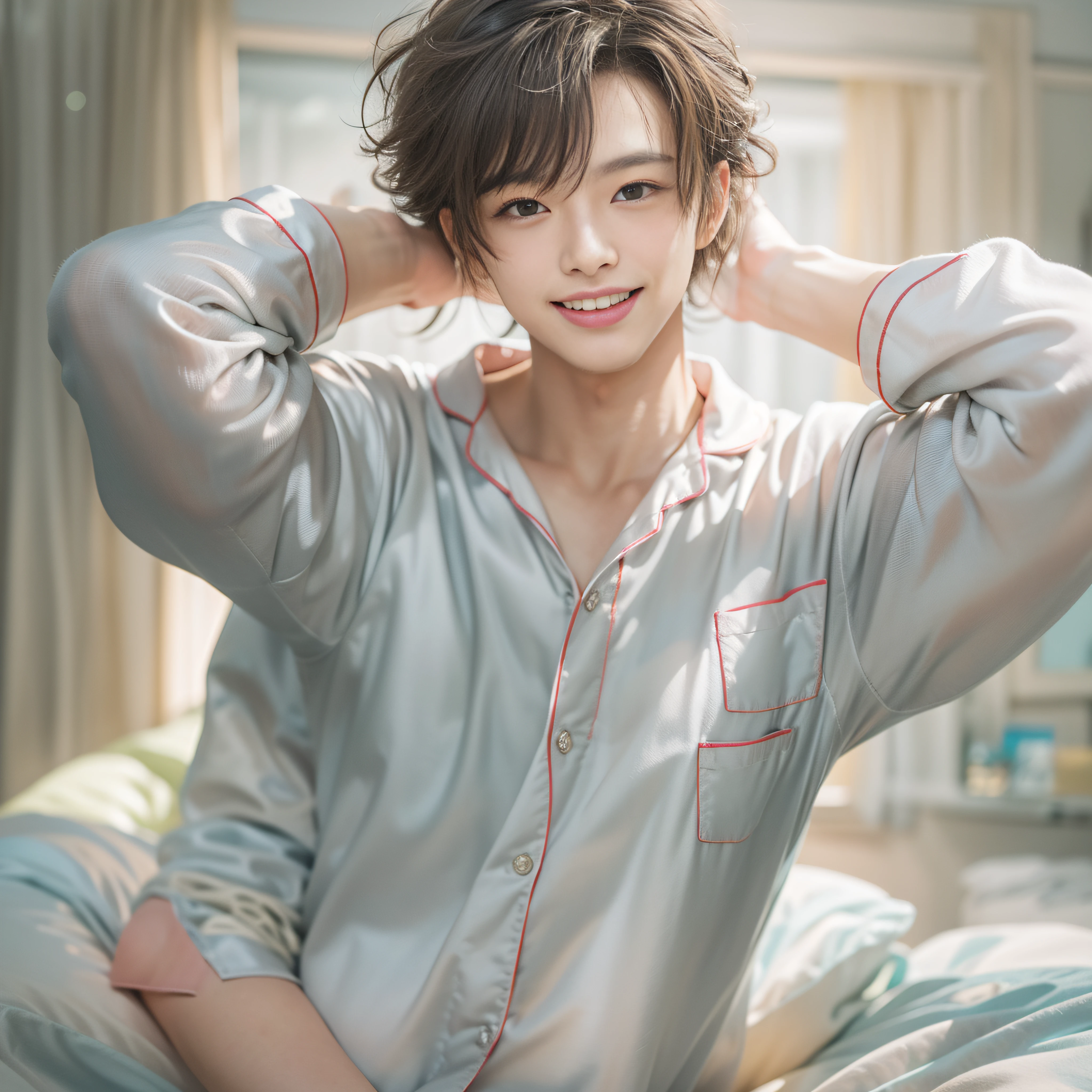 1 man in his 30s、s Pajamas、A smile、Medium Hair、Wave hair、、Super cool、twinks、Nice perfect face with soft skin、、8K分辨率、A hyper-realistic、ultra-detailliert、hightquality、