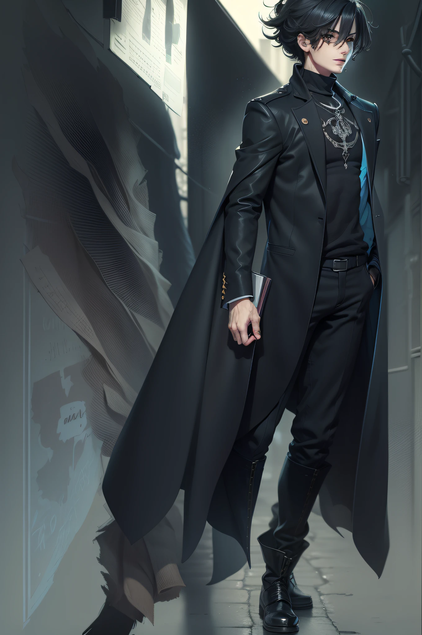 (personagem) homem, cabelo curto preto, olhos verdes, cicatriz de queimadura no olho direito, camisa turtleneck preta, book in hand. sorriso assustador (imagem super detalhada), (obra-prima), (granulado), (16k), (super-realista), (anatomicamente correto), (anime), (estilo anime)