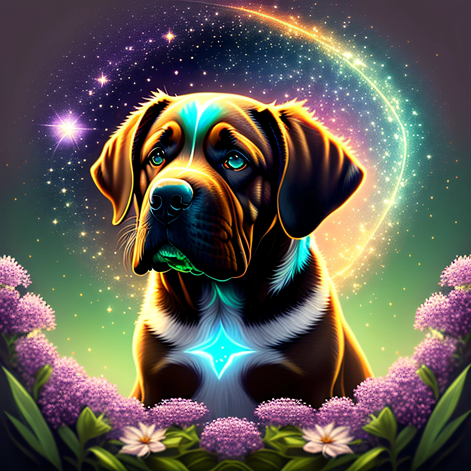 Um cachorro, of the Fila Brasileiro breed, de pelos tigrados, dourados cintilantes, sparkling igneous green eyes, Fairy tale and cosmic style, magical flora and fauna, aspecto de fofo, made of etheric fluid, cintilante, encantadora), starly sky, mistic, ethereal background
