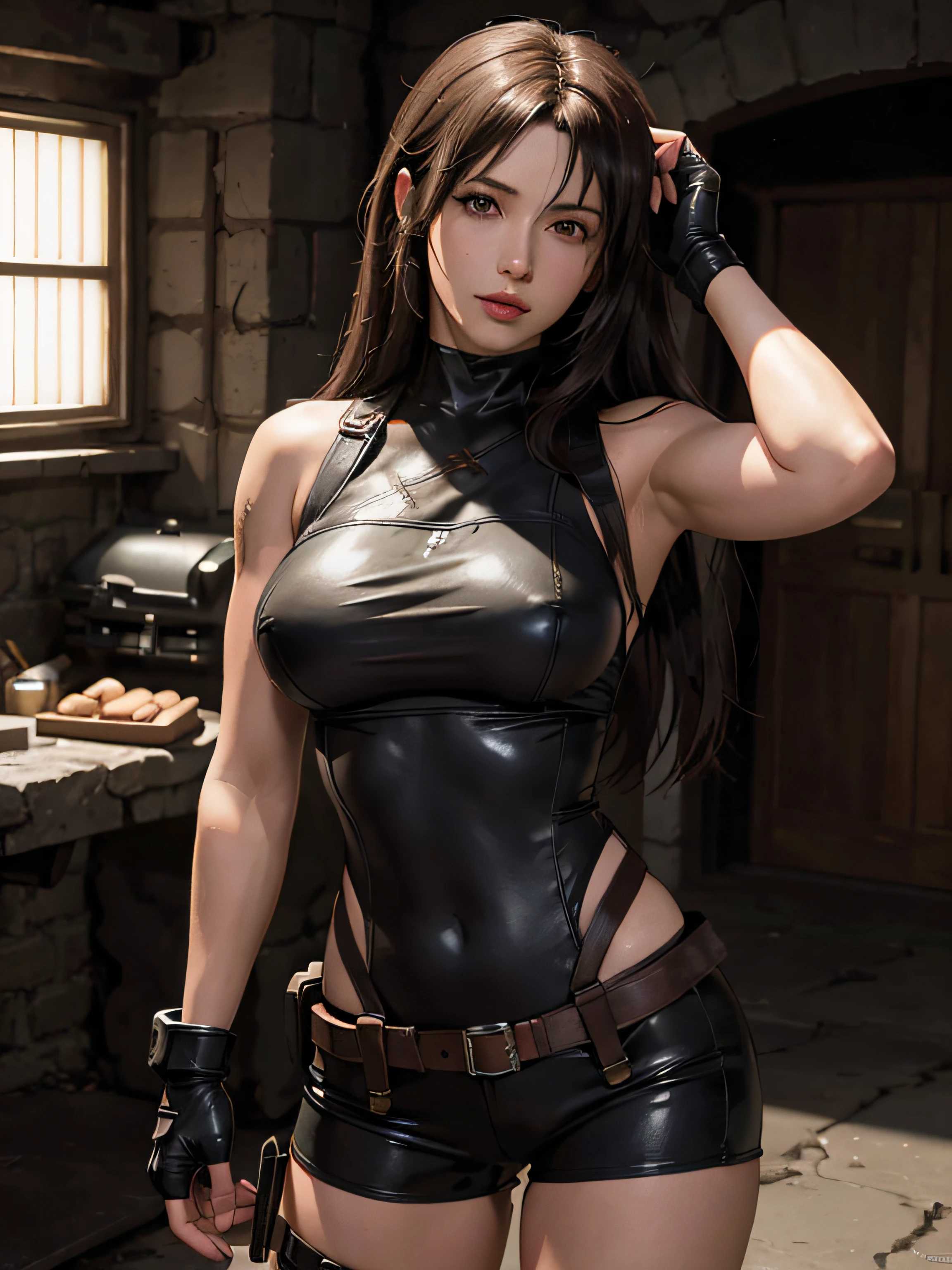 (Tifa Lockhart) as (Solid Snake), 1girl, long dark ash brown hair, large breast, official art, unity 8k wallpaper, ultra detailed, aesthetic, masterpiece, best quality, photorealistic, waist up, full body suit