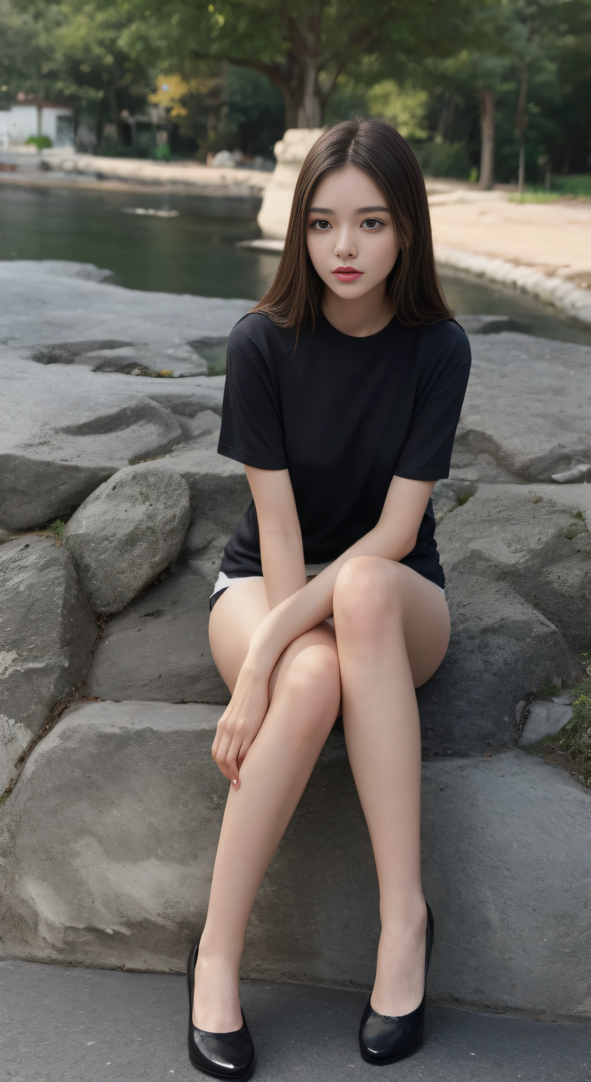 best qualtiy, Full body like,Refined face,pretty face,25 years old woman,slimfigure,Smaller bust,Harnes,Calf socks,Keep your legs together,Outdoor scene,Sit Pose,