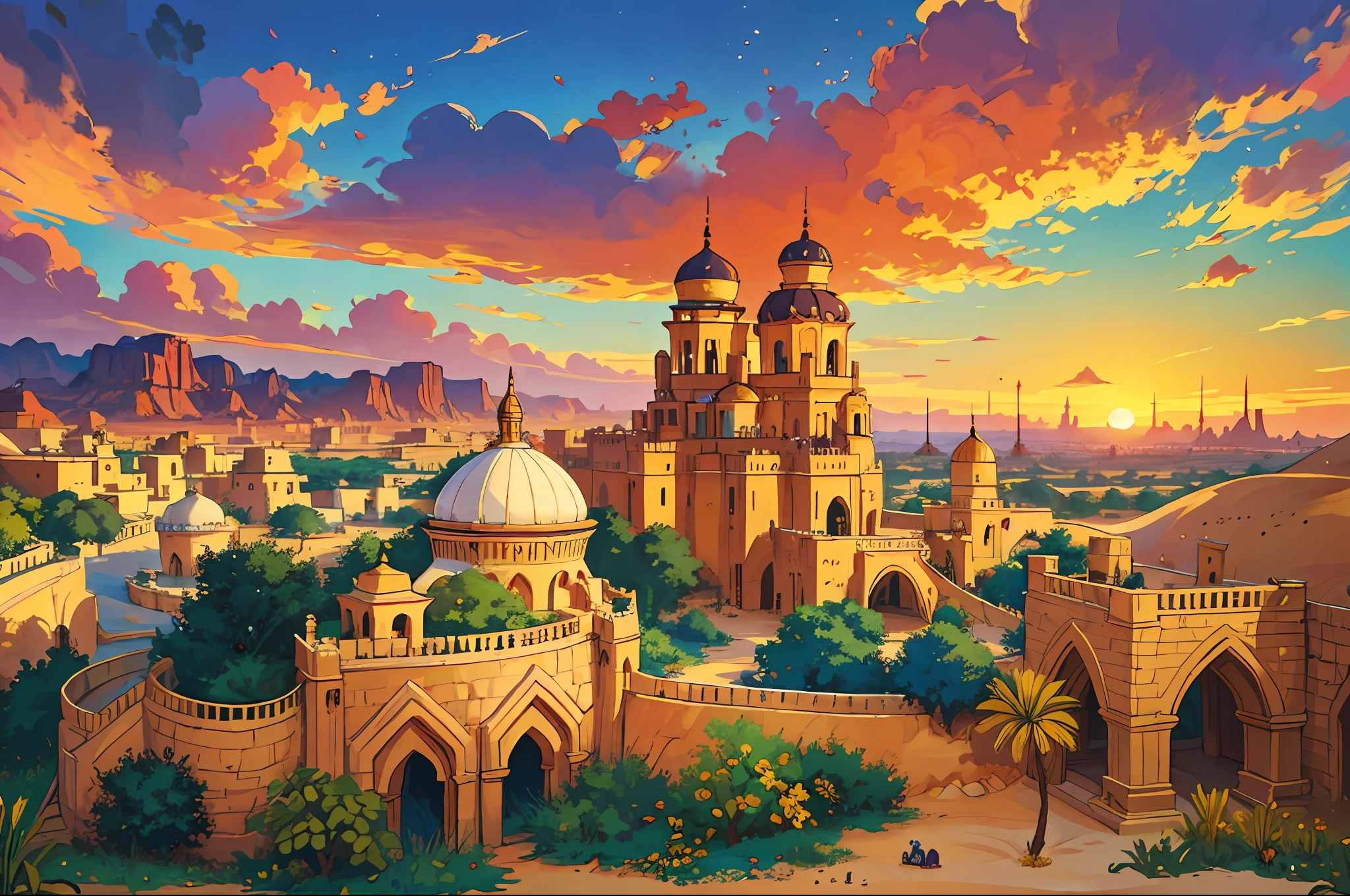 Craft an oriental-inspired kingdom nestled within a sprawling desert landscape of your imagination. Envision intricate palaces adorned with delicate mosaics, bustling markets filled with vibrant colors and exotic scents, and sprawling oases surrounded by lush gardens. Transport us to a realm where golden sand dunes meet opulent architecture, and where the sunsets paint the sky with a tapestry of rich hues, casting an enchanting spell over this fantastical world."