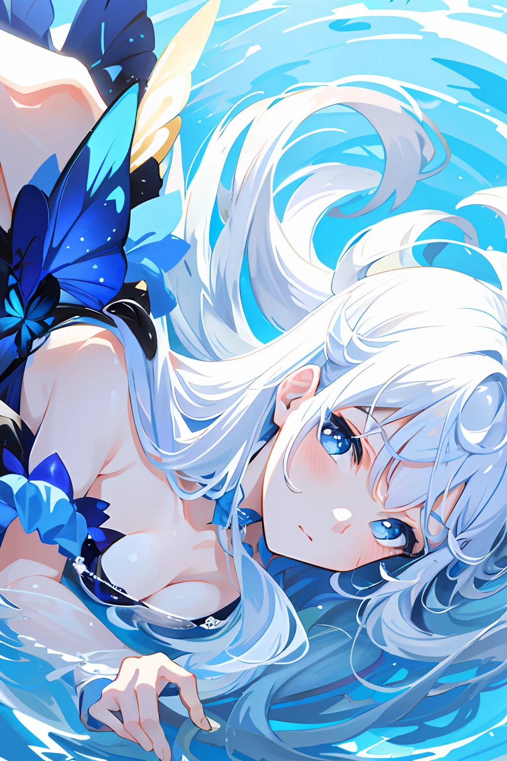 tmasterpiece，Need，illustration，blue color eyes，long  white hair，Blue swimsuit，Swim at the bottom of the sea，Delicate facial depiction and eyes，Flying blue butterflies，