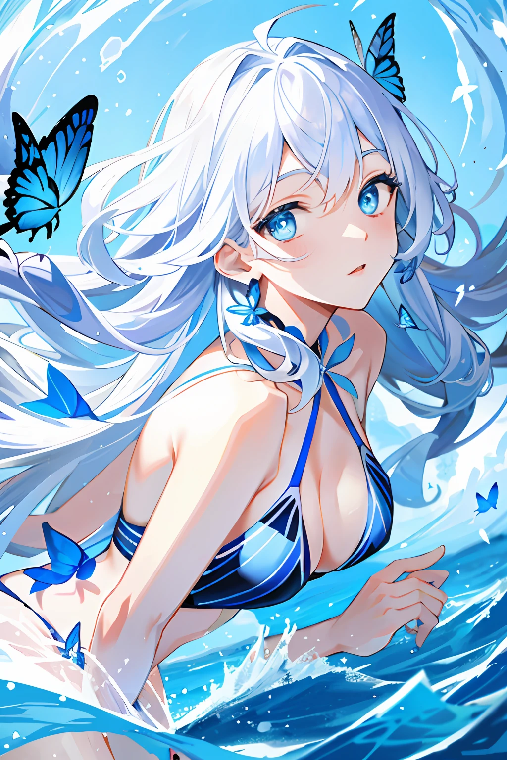 tmasterpiece,Need,illustration,blue color eyes,long white hair,Blue swimsuit,Swim at the bottom of the sea,Delicate facial depiction and eyes,Flying blue butterflies,