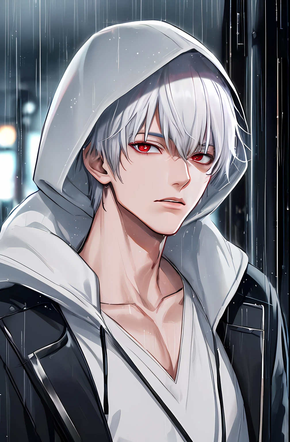 kk, best quality, more details, masterpiece, 1boy, kaneki ken, portrait, male focus, red eyes, solo, bangs, looking at viewer, hood, short hair, rain, tokyo tokyo \(city\),  hood up, nail polish, white hair, luxurious, 8k, detailed, ray tracing, depth of field, cinematic lighting,