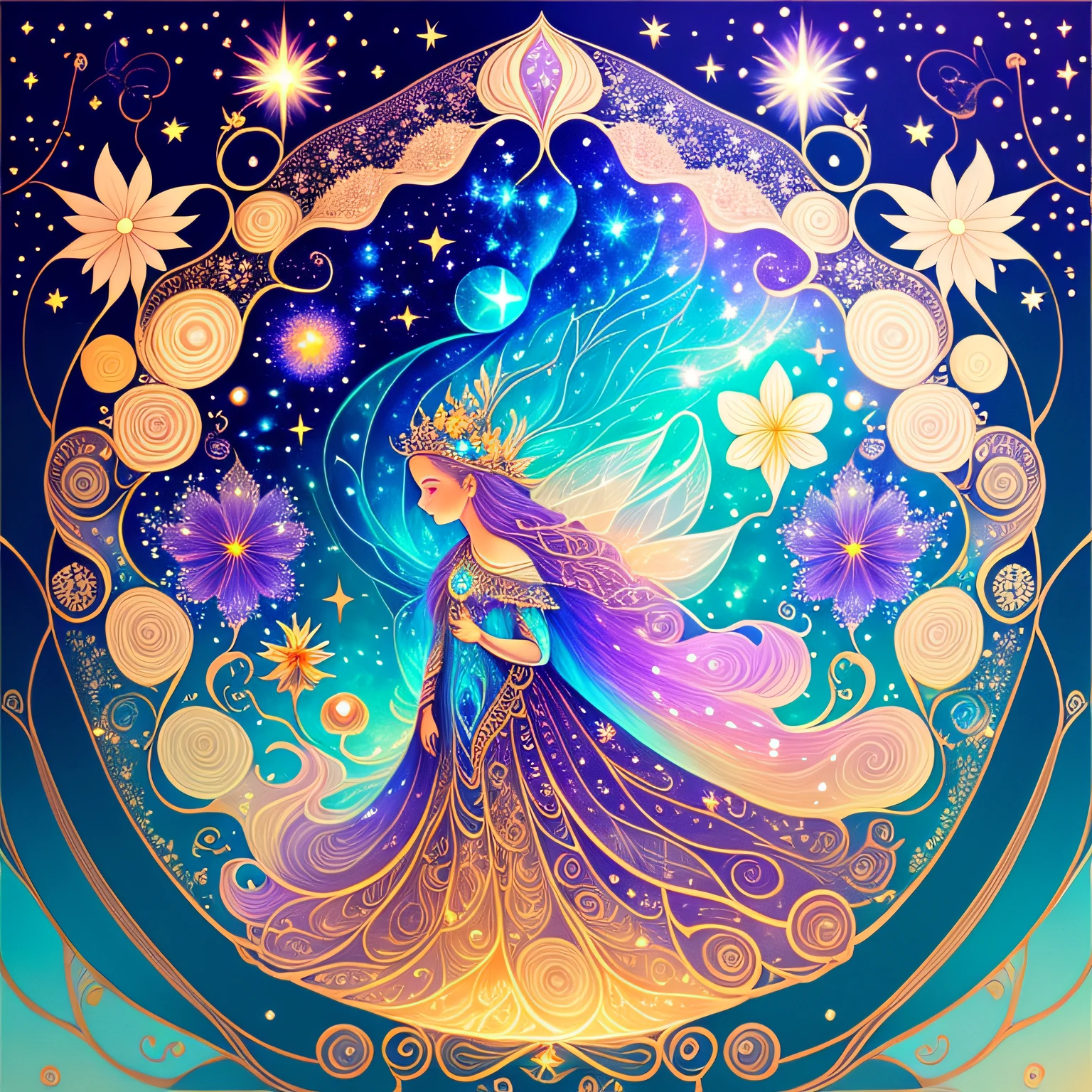 Fairy tale and cosmic style, magical flora and fauna, uma anja de cabelos ruivos, anja com aspecto de fada fofa, made of etheric fluid, cintilante, encantadora), starly sky, mistic, ethereal background