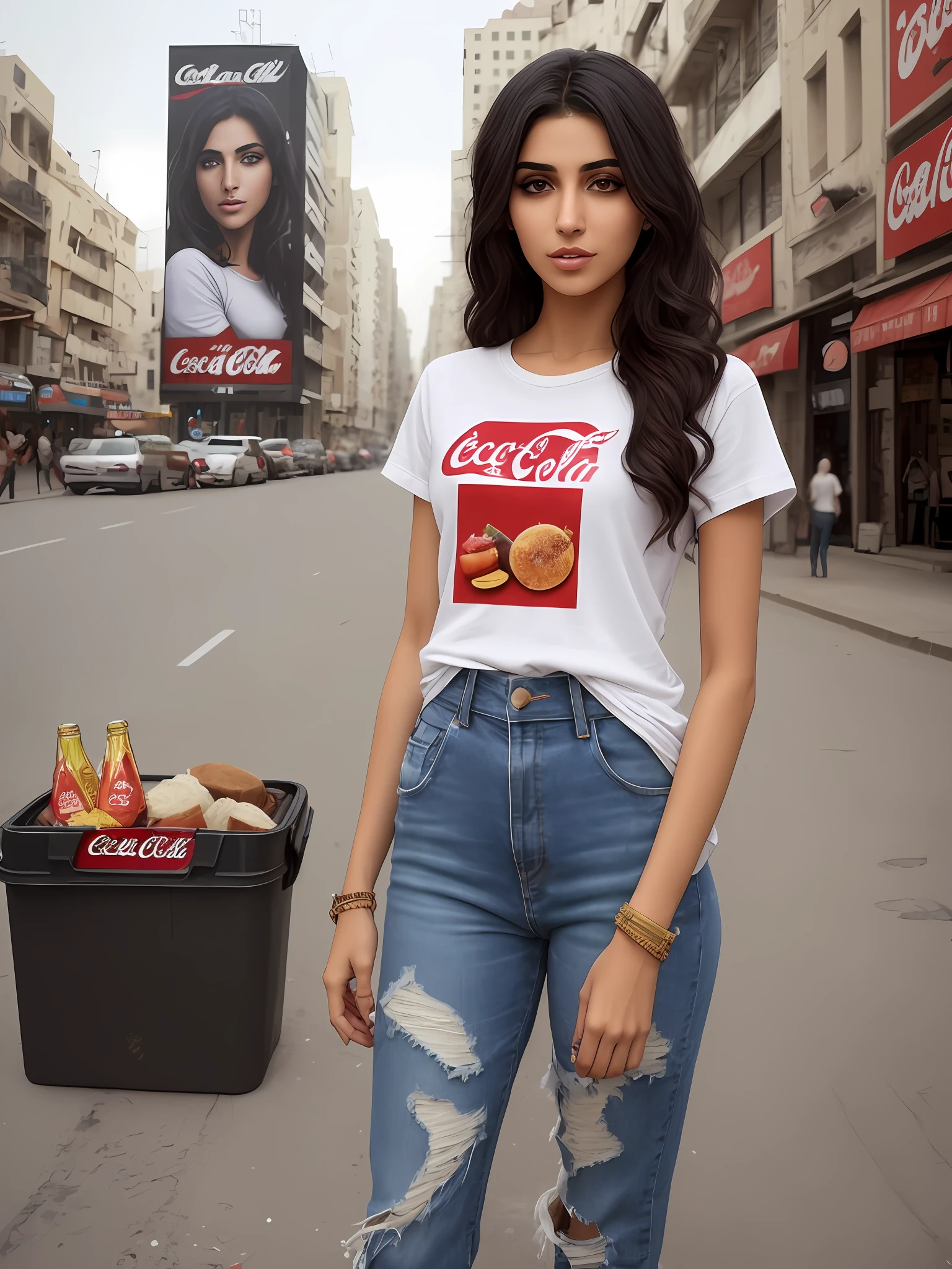 alluring stuning gorgeous posing european drunk homeless sexy middle eastern lady weared ((dirty))ripped full jeans pants, Full length short sleeves teeshirt, baggy tee-shirt full body length, regular fit, intricate enviroment, intricate texture of skin, food waste, trash, garbage, night, night street lights, carton boxes, cute face, sexual intention, toned body, Arabian girl, middle eastern beautiful women. Shoot style, standing style Posing, coca-cola billboard ad in background, detailed eyes, nose and lips, wearing basic regular fit Tee-shirt, black tee-shirt.