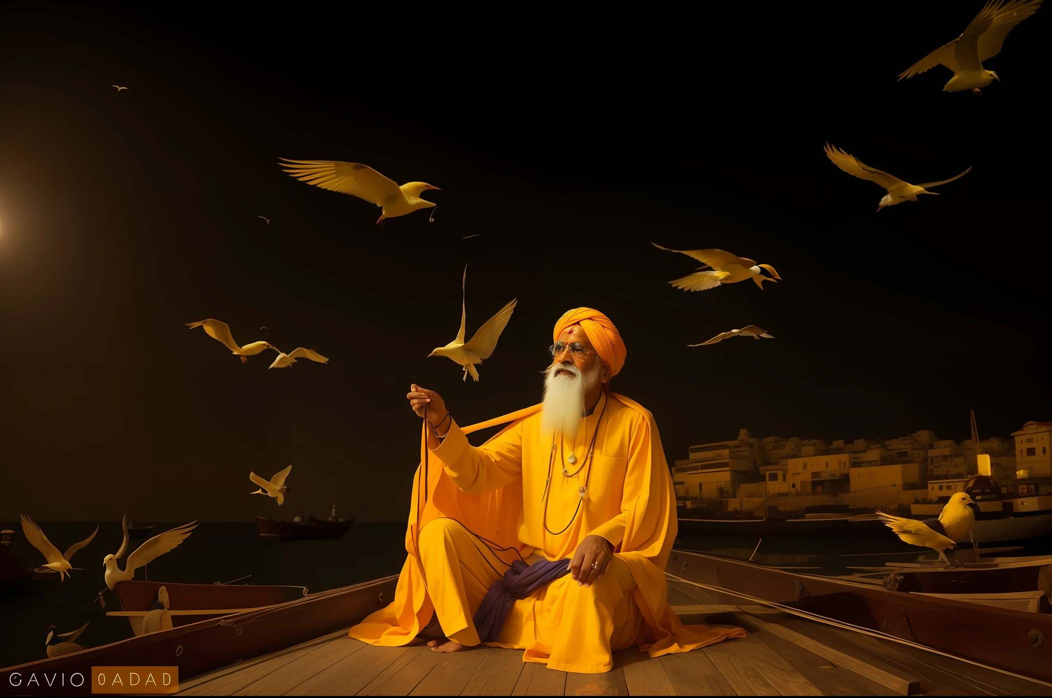 Homem de Arafed sentado em um barco cercado por gaivotas, holy man looking down at the ground, Wise old Indian guru, an old man with 7 yellow birds, por Bapu, por Paul Bird, Vencedor do concurso Pexels, Foto vencedora do concurso Unsplash, trending on 500px, trending on 5 0 0 px, india, Rituais de voo, Directed by: Rajesh Soni