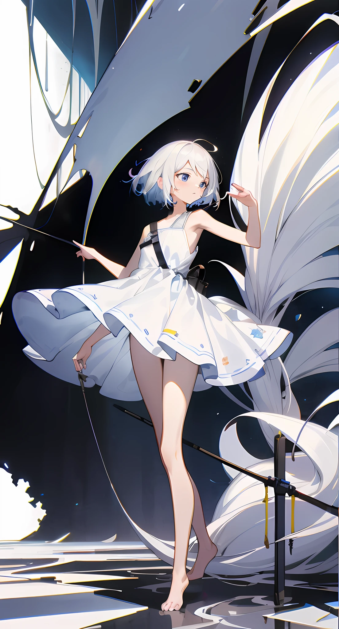 （tmasterpiece，best qualtiy：1.2），（Super meticulous），（illustratio），Wallpapers，Original，1girll，Messy white hair，thin shoulder strap，White dress，Bare legged，Barefoot，Bare arms