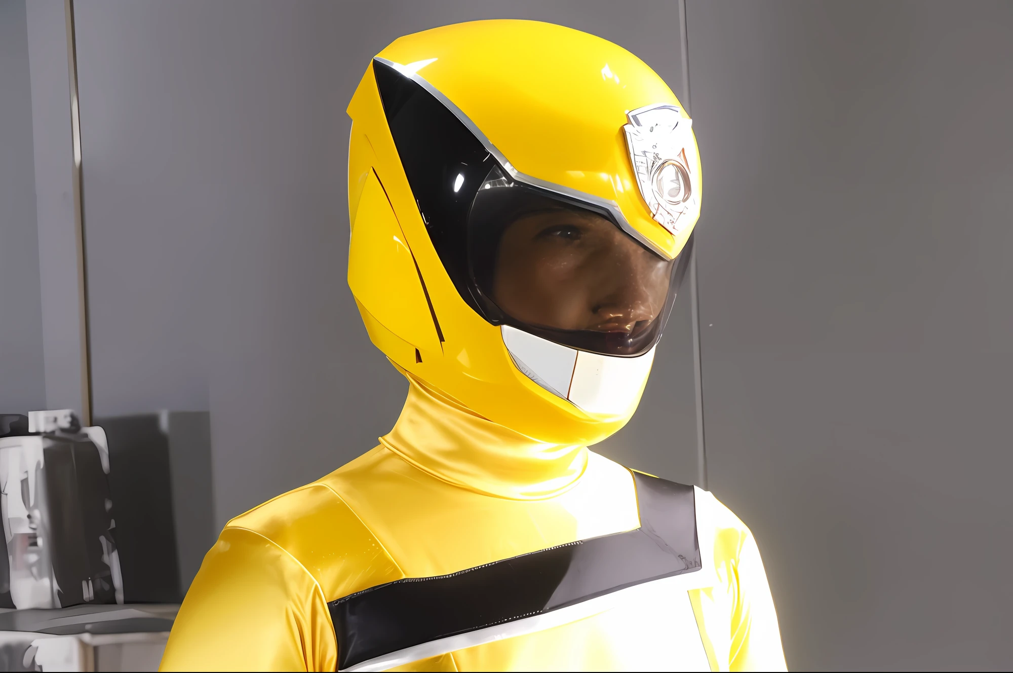 Alafed Man in yellow Power Rangers costume stands in the room, yellow ranger, symmetry!! yellow ranger, power ranger, the secret seventh power ranger, yellow space suit, Yellow flash, up close shot, tokusatsu, yellow helmets, inspired by Oka Yasutomo, thunder, wearing red and yellow hero suit, Green Power Rangers, captain