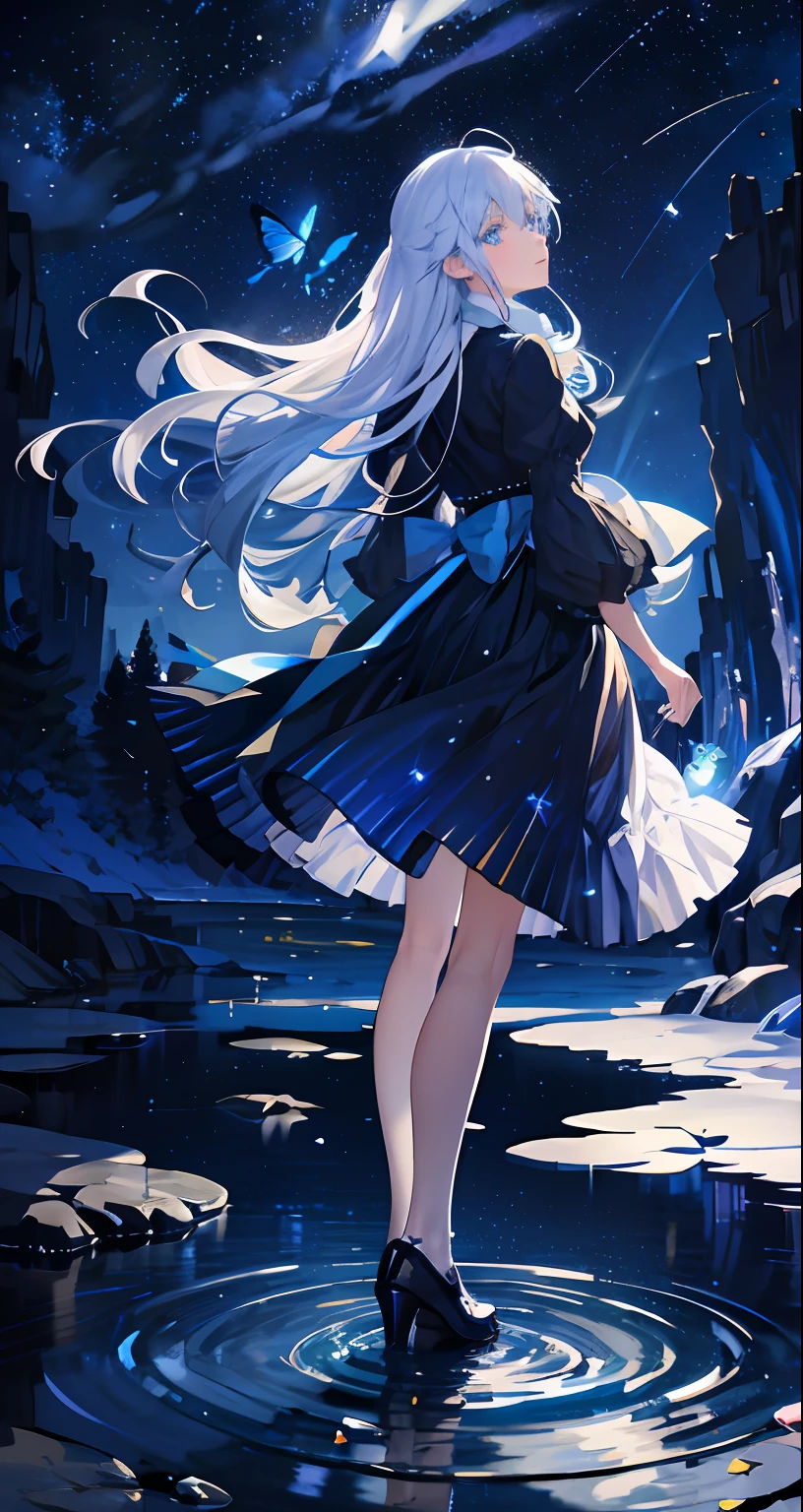 under the starry night sky，meteors，Girl standing，Back Shadow，The creek reflects the starry sky，Girl with long white hair，blue skirts，Blue butterflies fly，blue color eyes，delicated，the night