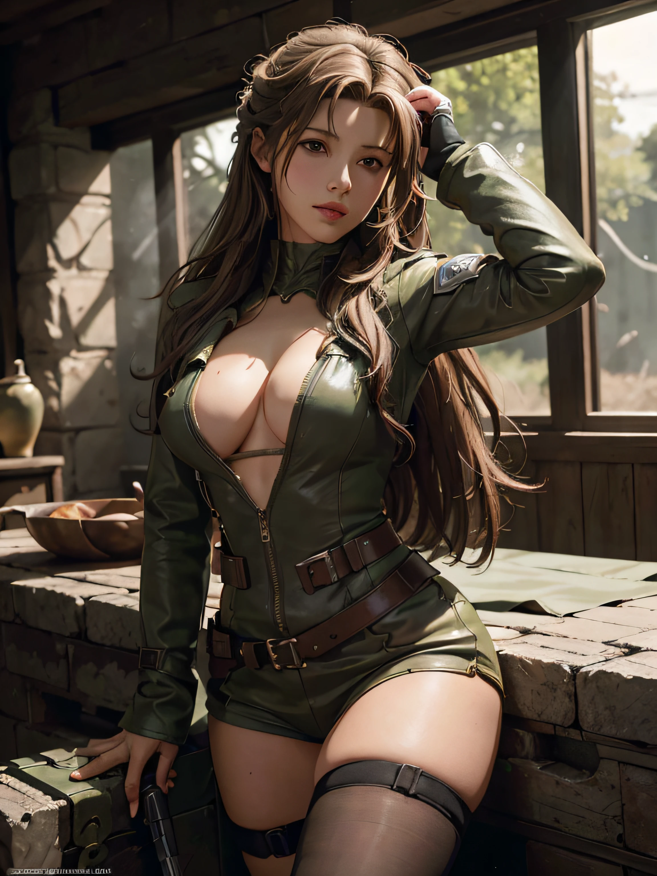 (Aerith Gainsborough) as (Solid Snake), 1girl, long dark ash brown hair, large breast, official art, unity 8k wallpaper, ultra detailed, aesthetic, masterpiece, best quality, photorealistic, waist up