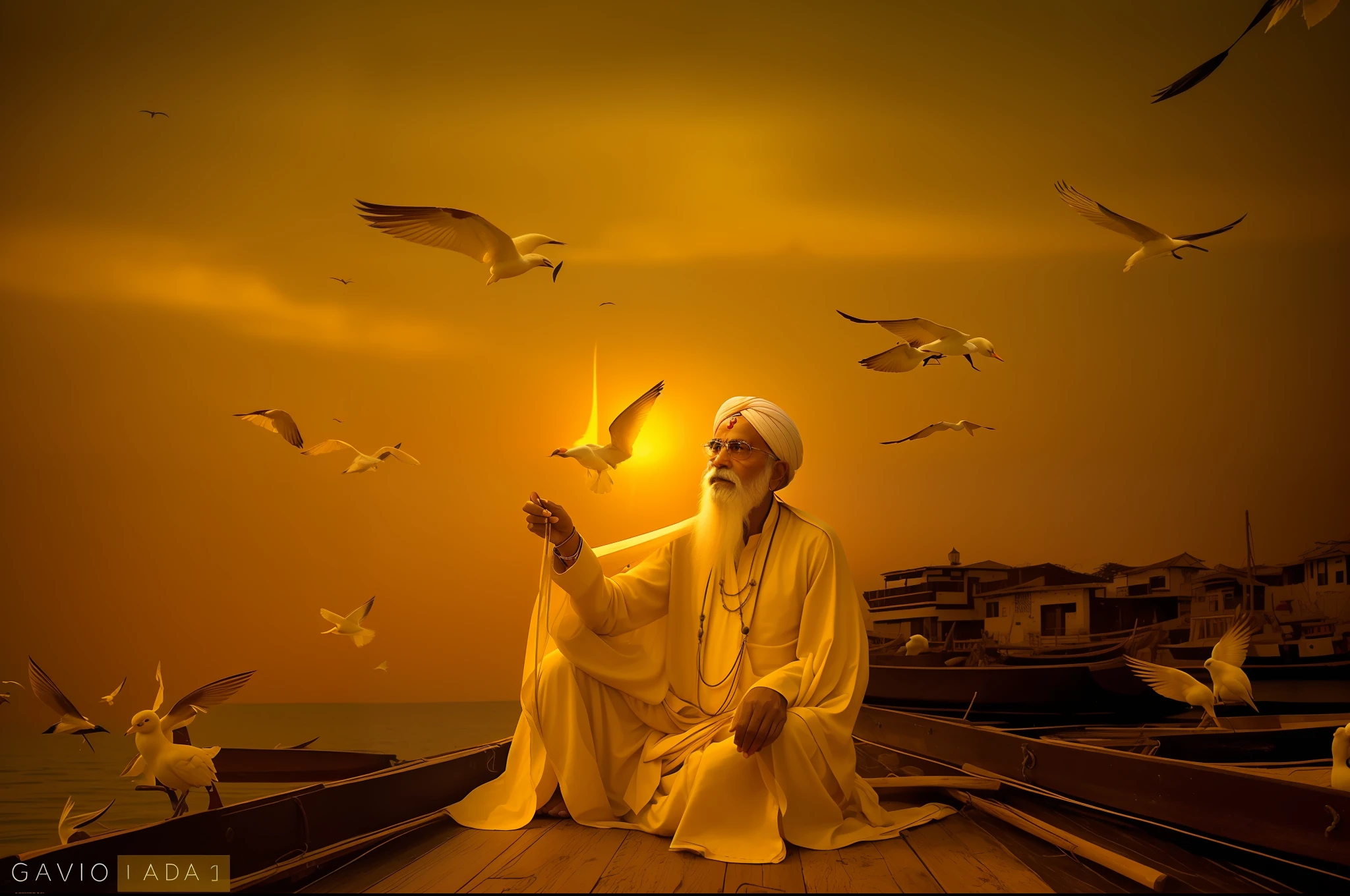 Homem de Arafed sentado em um barco cercado por gaivotas, holy man looking down at the ground, Wise old Indian guru, an old man with 7 yellow birds, por Bapu, por Paul Bird, Vencedor do concurso Pexels, Foto vencedora do concurso Unsplash, trending on 500px, trending on 5 0 0 px, india, Rituais de voo, Directed by: Rajesh Soni