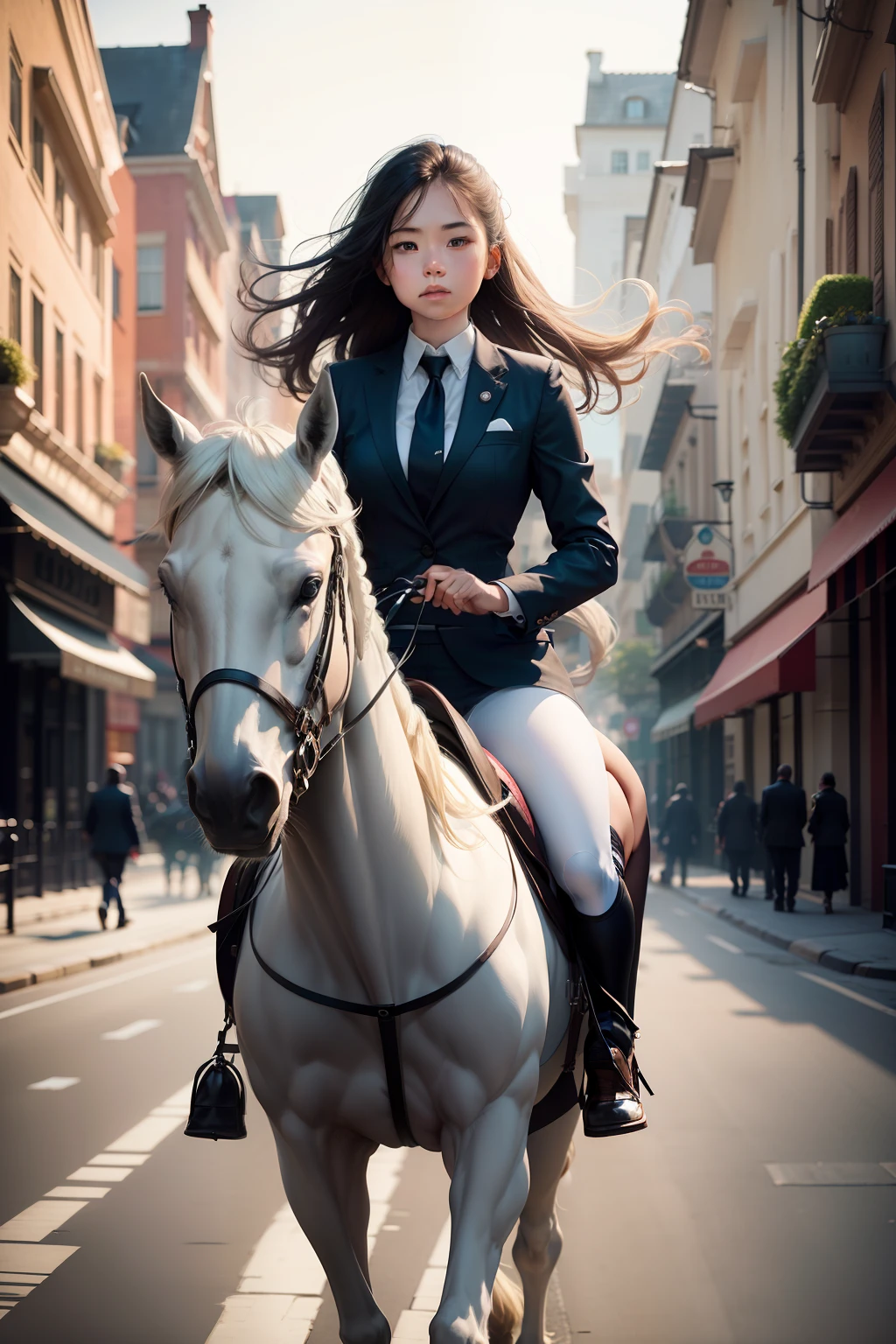 A girl in a suit rides on a white horse,Horses walking down the street