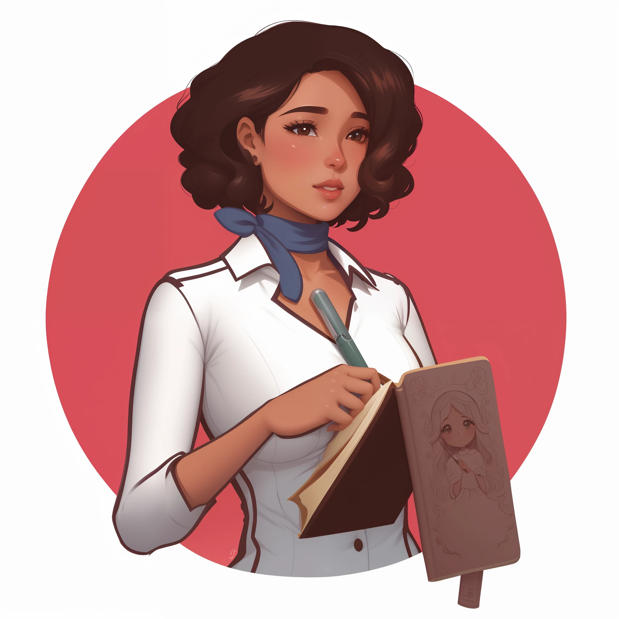 uma mulher segurando um caderno e uma caneta, official character illustration,