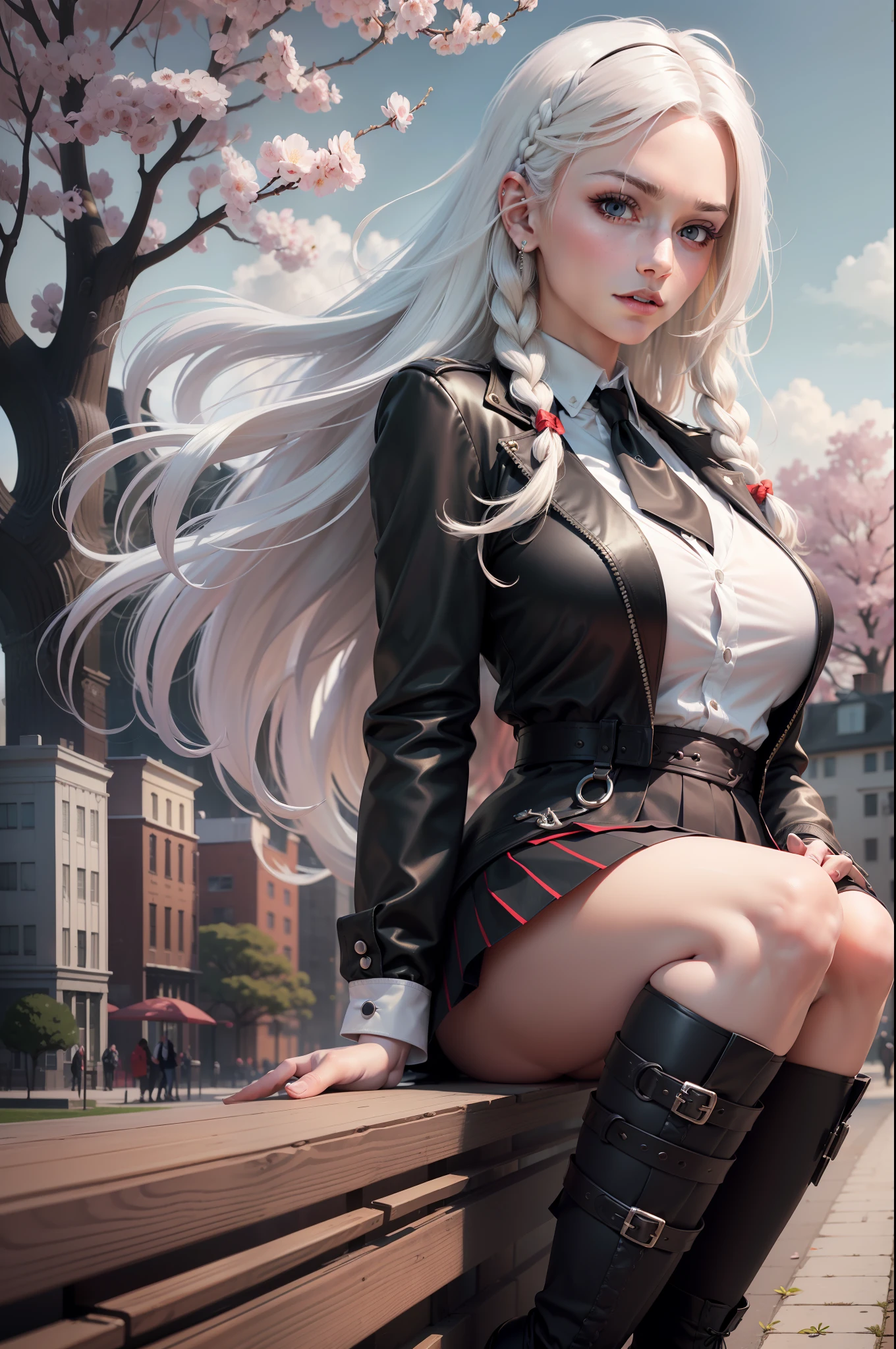 (Long white hair, Braided in two braids: 1.4), ((sharp jawline)) Red detailed eyes, eyes by Ilya Kuvshinov style, Sharp pupils, Realistic pupils, , ((Very muscular body with perky tits)), An evil expression on his face, (red jacket, white shirt with black tie, black pleated skirt with knee-length stockings, High-heeledshoes: 1.3), stands sideways hands in pockets, Sexy, Realistic, photoshooting, Professional, High contrast, Photo for the cover of the magazine, dutch angle, On the lawn in the park where cherry blossoms