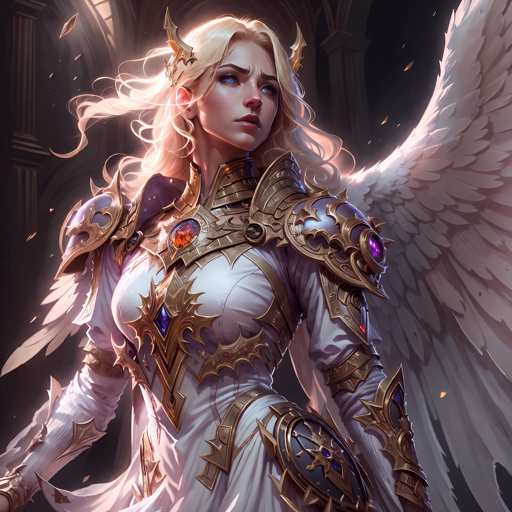 8k, ultra detailed, masterpiece, best quality, (extremely detailed), arafed, dnd art, portrait, full body, aasimar, female, (Masterpiece 1.3, intense details), full body (intense details, Masterpiece, best quality: 1.5), female, epic fantasy paladin, holy warrior (intense details, Masterpiece, best quality: 1.5) large angelic wings, white angelic wings spread (intense details, Masterpiece, best quality: 1.5), dark fantasy cemetery background, moon light, moon, stars, clouds, wearing heavy white armor  (intense details, Masterpiece, best quality: 1.5), holy symbol, armed with an epic sword (intense details, Masterpiece, best quality: 1.5), short blond hair, masculine, ultra detailed face (intense details, Masterpiece, best quality: 1.5), anatomically correct (intense details, Masterpiece, best quality: 1.5), determined face, god rays, cinematic lighting, glowing light, silhouette, from outside, photorealism, panoramic view  (intense details, Masterpiece, best quality: 1.5) , Wide-Angle, Ultra-Wide Angle, 8k, highres, best quality, high details