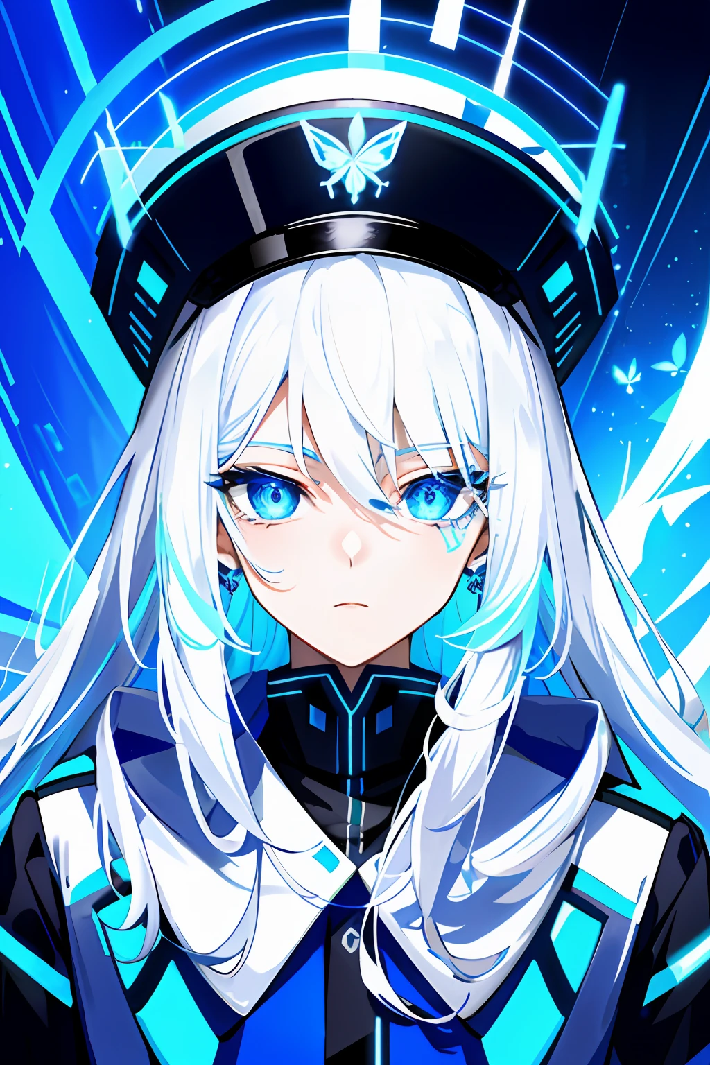 tmasterpiece，Need，illustration，blue color eyes，long  white hair，Blue police uniform，cyber punk perssonage，Neon lights on the street，Delicate facial depiction and eyes，Flying blue butterflies，Sharp eyes，mistic