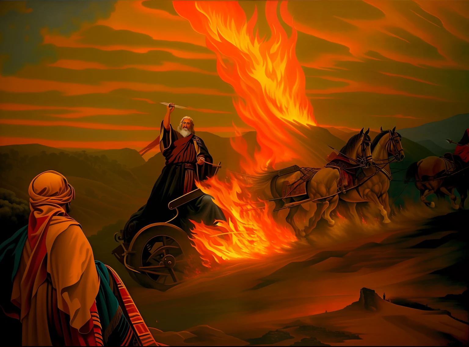 Painting of a man in front of a fire with a horse-drawn carriage, epic biblical representation, holy fire spell art, bible illustration, Directed by: John O'Gorman, Quatro cavaleiros do apocalipse, moses, Cavaleiros do Apocalipse, fire behind him, Directed by: Jason Benjamin, por Wayne England, fundo do inferno, Por Joseph Binder, ele tem olhos de fogo