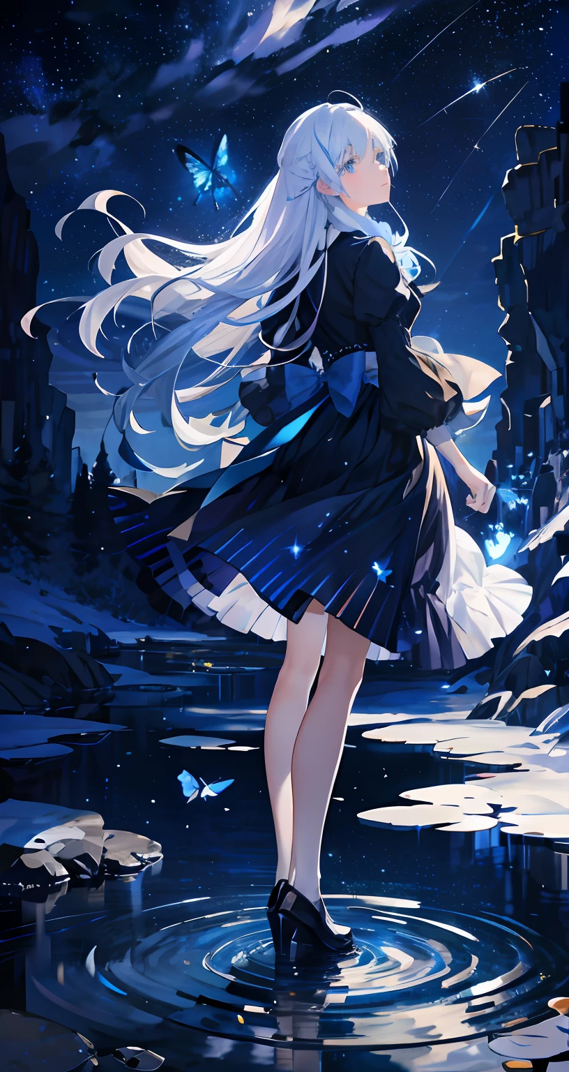 under the starry night sky,meteors,Girl standing,Back shadow,The creek reflects the starry sky,Girl with long white hair,blue skirts,Blue butterflies fly,blue color eyes,delicated,the night