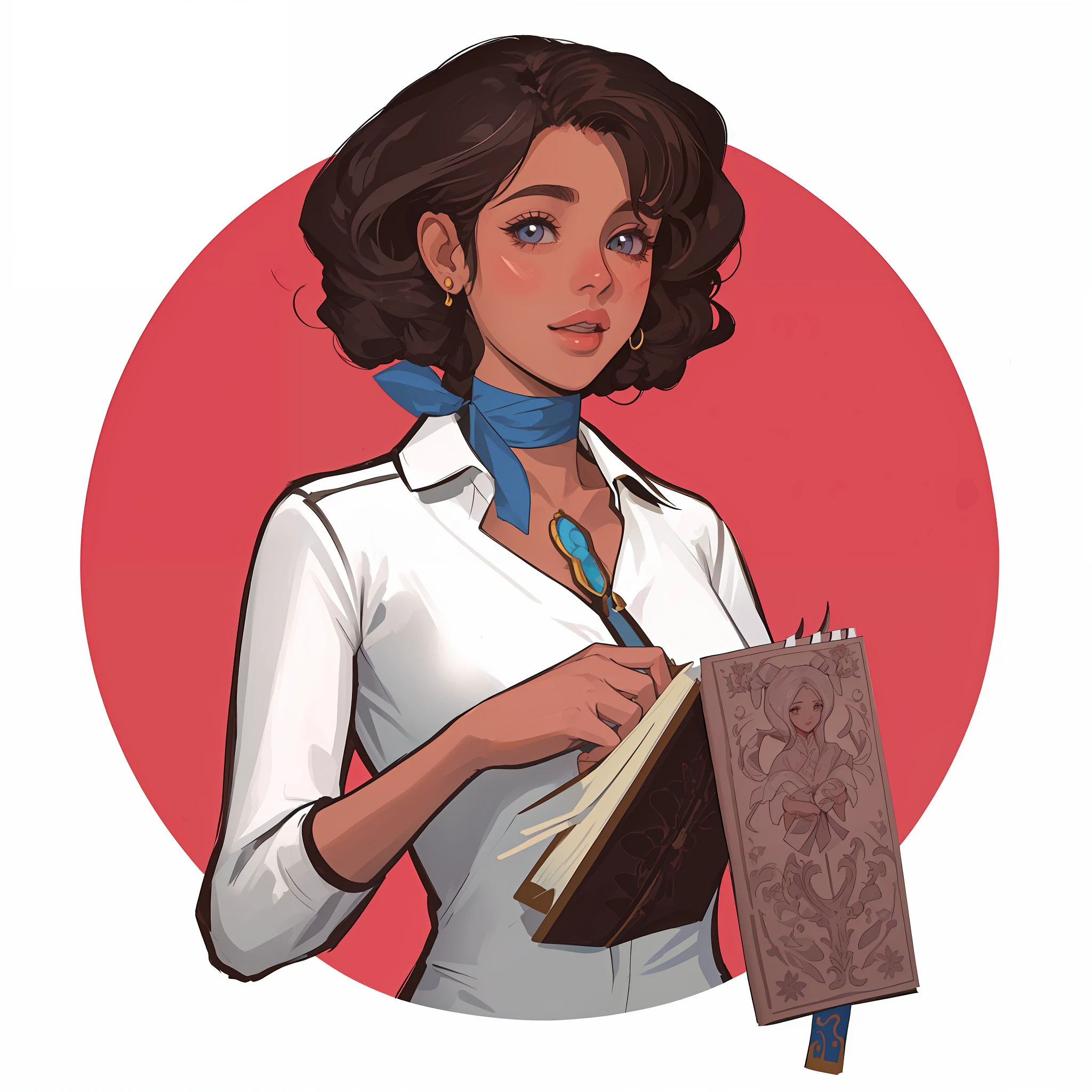 uma mulher segurando um caderno e uma caneta, official character illustration,