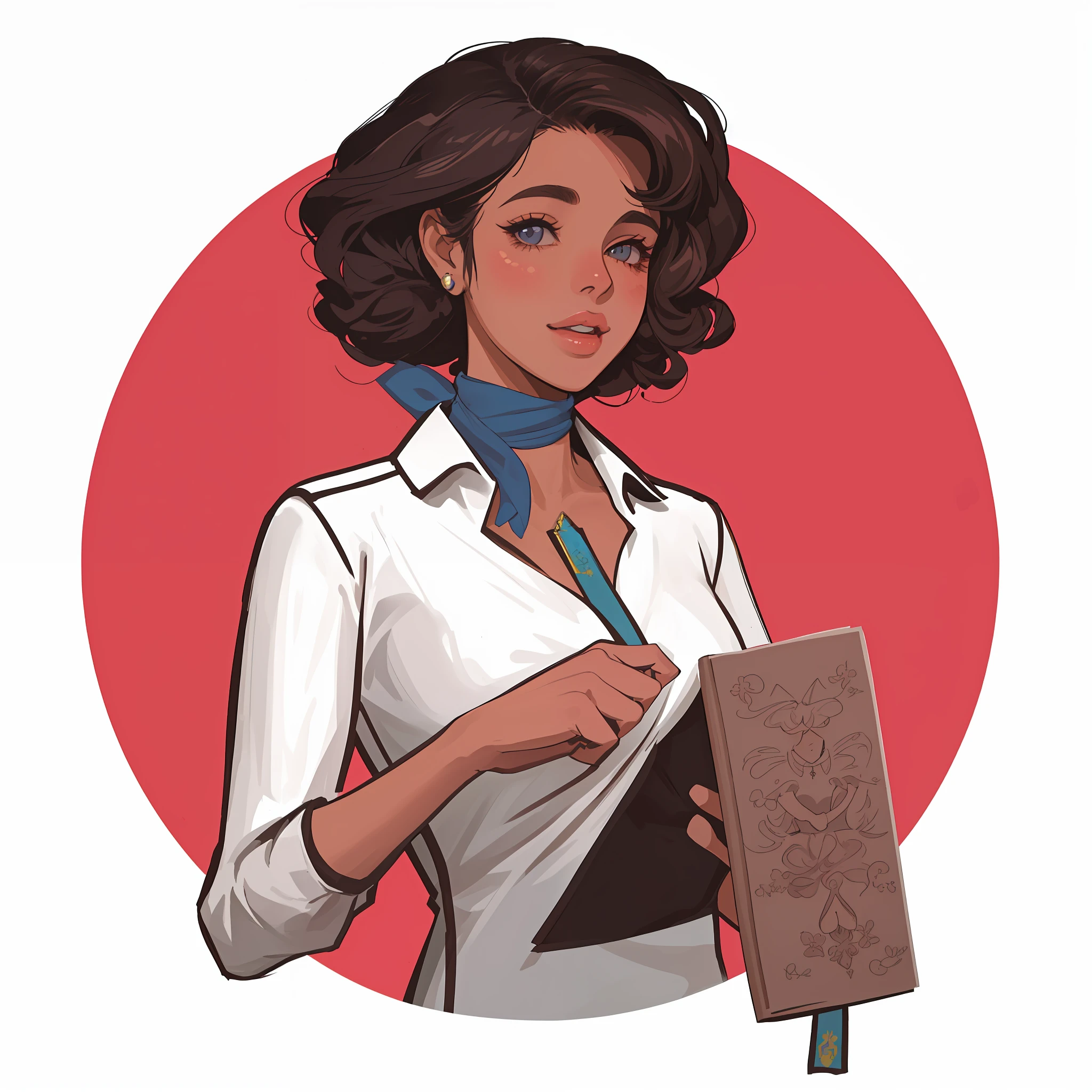 uma mulher segurando um caderno e uma caneta, official character illustration,