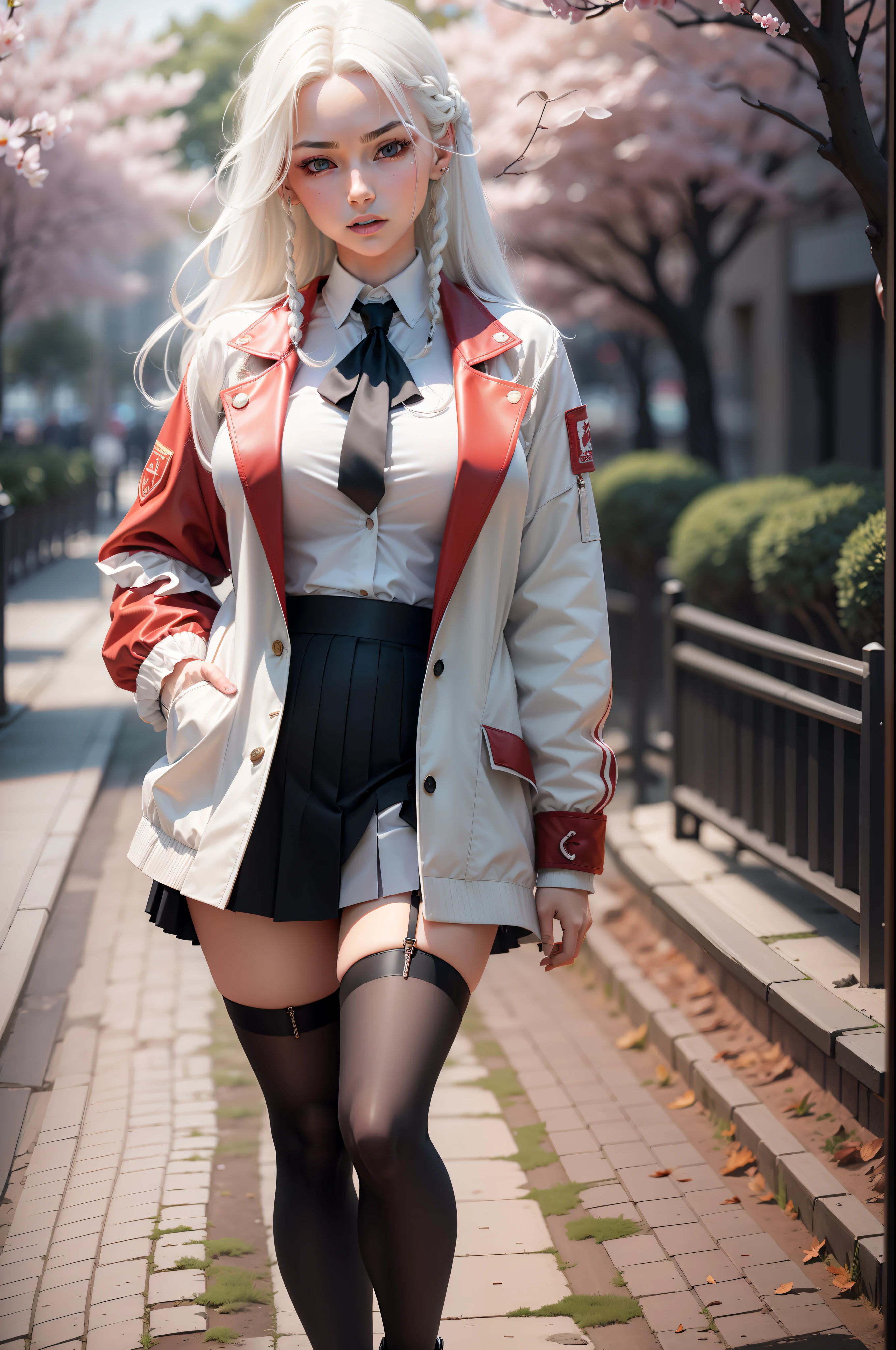 (Long white hair, Braided in two braids: 1.4), ((sharp jawline)) Red detailed eyes, eyes by Ilya Kuvshinov style, Sharp pupils, Realistic pupils, , ((Very muscular body with perky tits)), An evil expression on his face, (red jacket, white shirt with black tie, black pleated skirt with knee-length stockings, High-heeledshoes: 1.3), stands sideways hands in pockets, Sexy, Realistic, photoshooting, Professional, High contrast, Photo for the cover of the magazine, dutch angle, On the lawn in the park where cherry blossoms