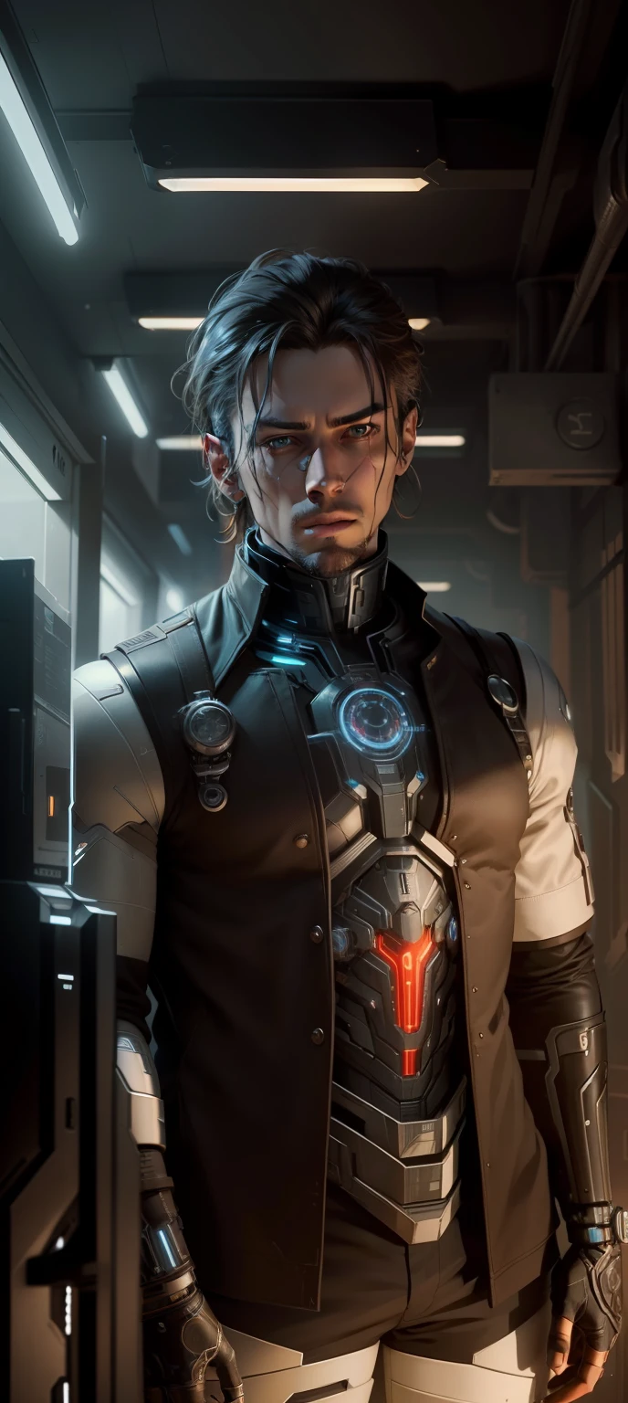 full man body cyborg| full-length portrait| detailed face| symmetric| steampunk| cyberpunk| cyborg| intricate detailed| to scale| hyperrealistic| cinematic lighting| digital art|full Ultron and cyber body concept art and original face